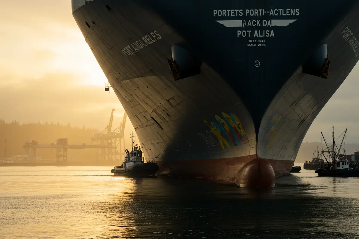 A large tugboat navigates a harbor filled with docked sailboats and other vessels under a hazy sky