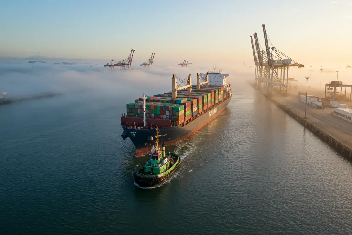 A tugboat guides a large cargo ship through a waterway surrounded by towering cranes at the Port of Columbia
