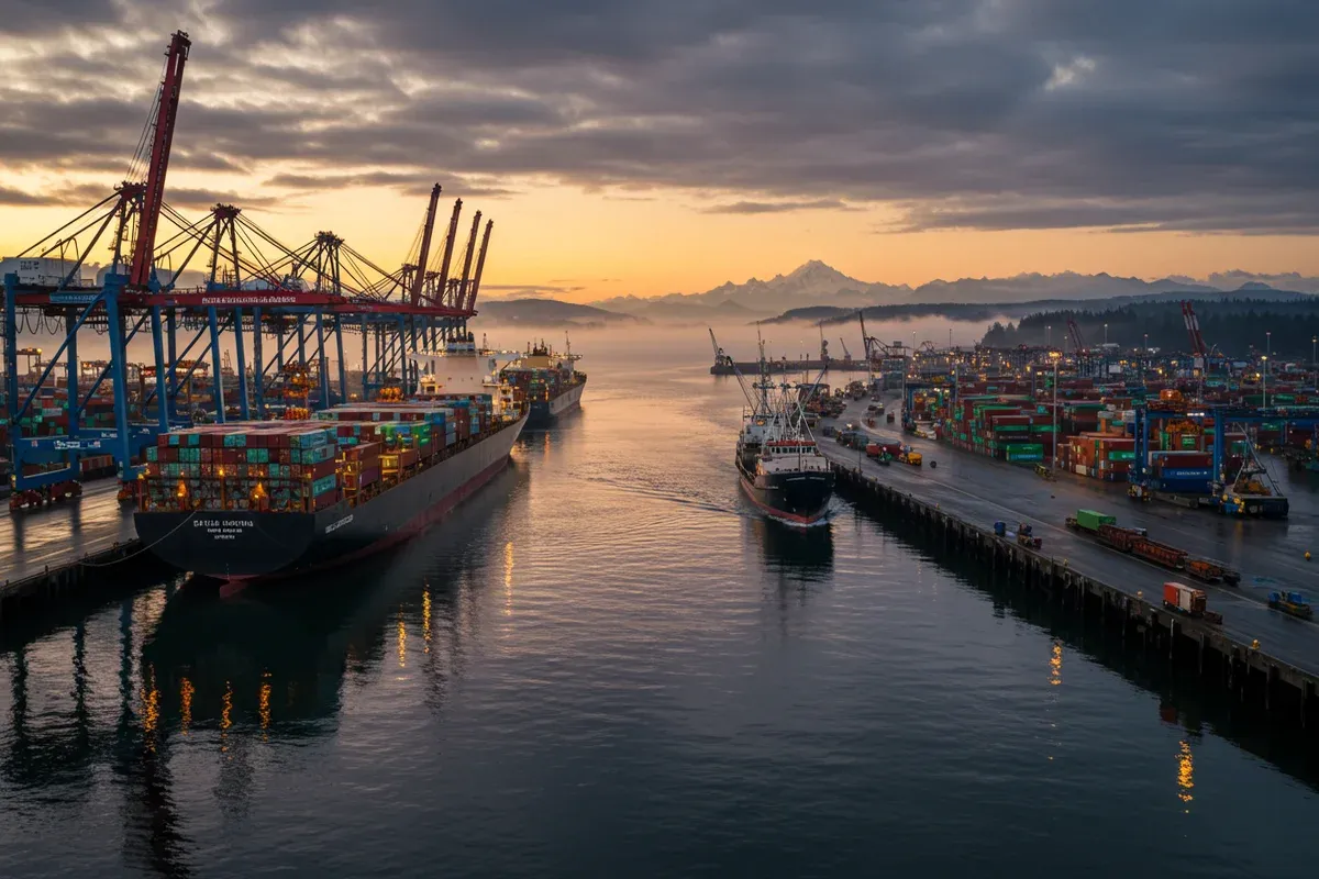 A crane extends over the gray water of the Port of Davisville containers dock highlighting a maritime scene
