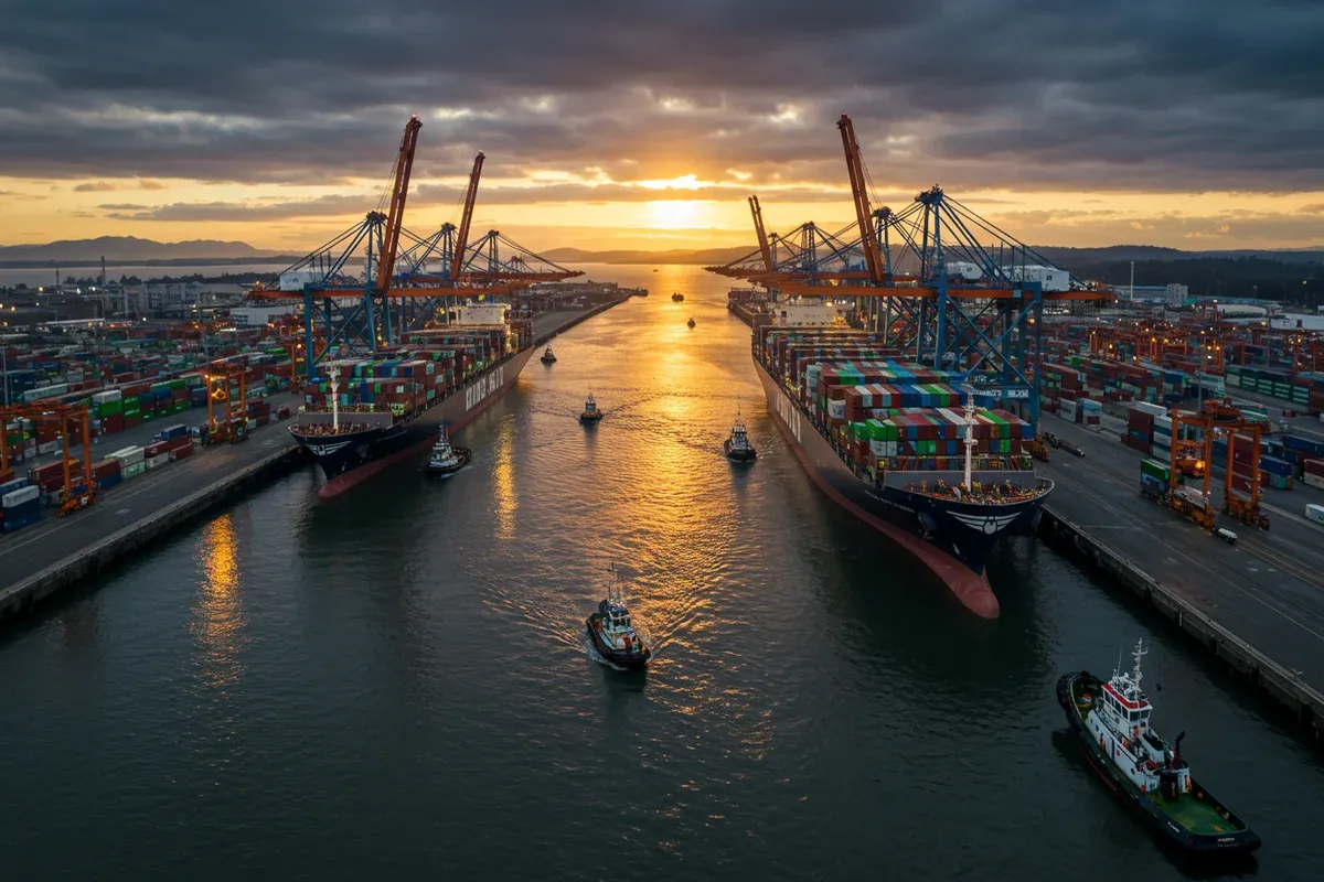 Cargo ships navigate a waterway within the Port of Key West cranes rise over the busy harbor a vibrant scene of maritime