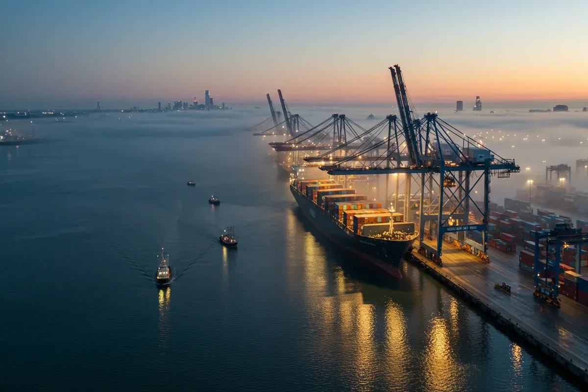 A container ship passes beneath towering cranes at the Port of Mobile Vessels navigate the dark waters reflecting city lights