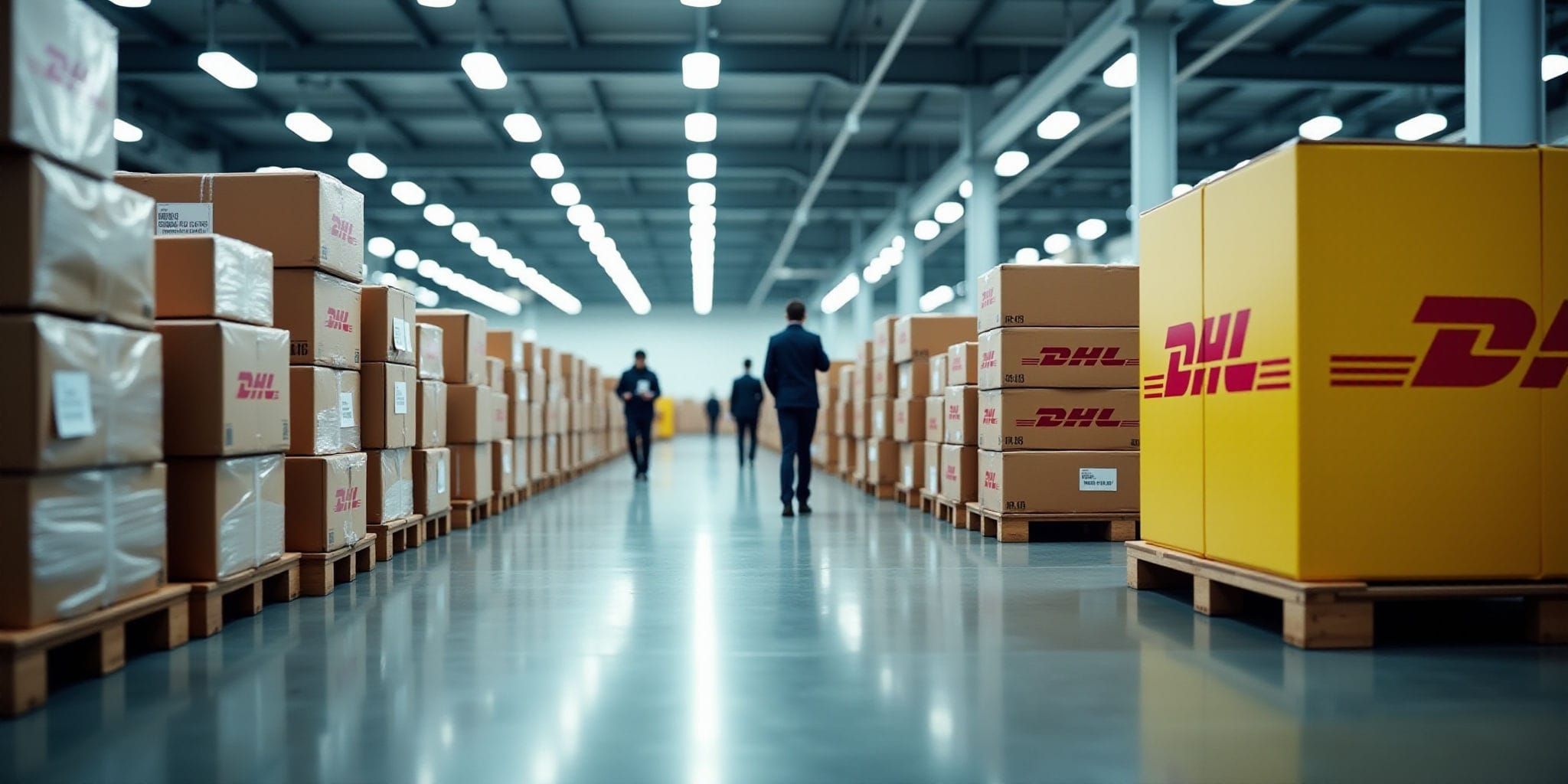 This image depicts a large warehouse with rows of cardboard boxes stacked on pallets running parallel to each other down its length. The boxes are wrapped in plastic wrap and have white shipping labels attached. The boxes are predominantly brown, except for one bright yellow box at the front right corner that has the "DHL" logo in red letters.

The warehouse floor is made of polished concrete with a blue hue. A series of large metal beams support the ceiling, which appears to be painted white and features several large fluorescent lights. In the background, three people are visible walking down an aisle between two rows of boxes, while other figures can be seen further in the distance.

Overall, this image suggests that it is a photograph taken inside a DHL shipping facility or warehouse, possibly during a delivery or packaging process.