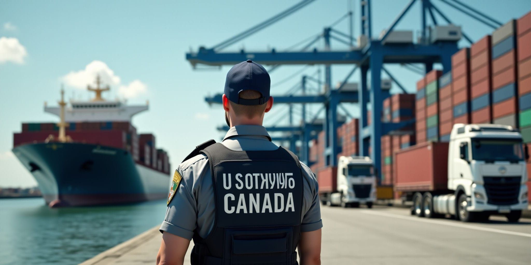 The image depicts two US Customs and Border Protection (CBP) officers standing at what appears to be an international shipping port or terminal. The men are clad in dark blue uniforms adorned with reflective yellow patches on their sleeves, and they wear bulletproof vests emblazoned with "U.S. CUSTOMS" and the letters "CBP." One of the officers sports a navy cap, while the other is bare-headed.

In the background, a large body of water stretches out to meet the horizon, where a massive cargo ship can be seen docked at a pier. The ship's deck features several stacks of shipping containers stacked high against its sides and center. To the right side of the image, two large white trucks are parked on the road adjacent to the terminal, their cabs facing away from the camera.

The overall atmosphere suggests that these officers are conducting an inspection or monitoring the port's operations, with a focus on ensuring the security and integrity of international trade.