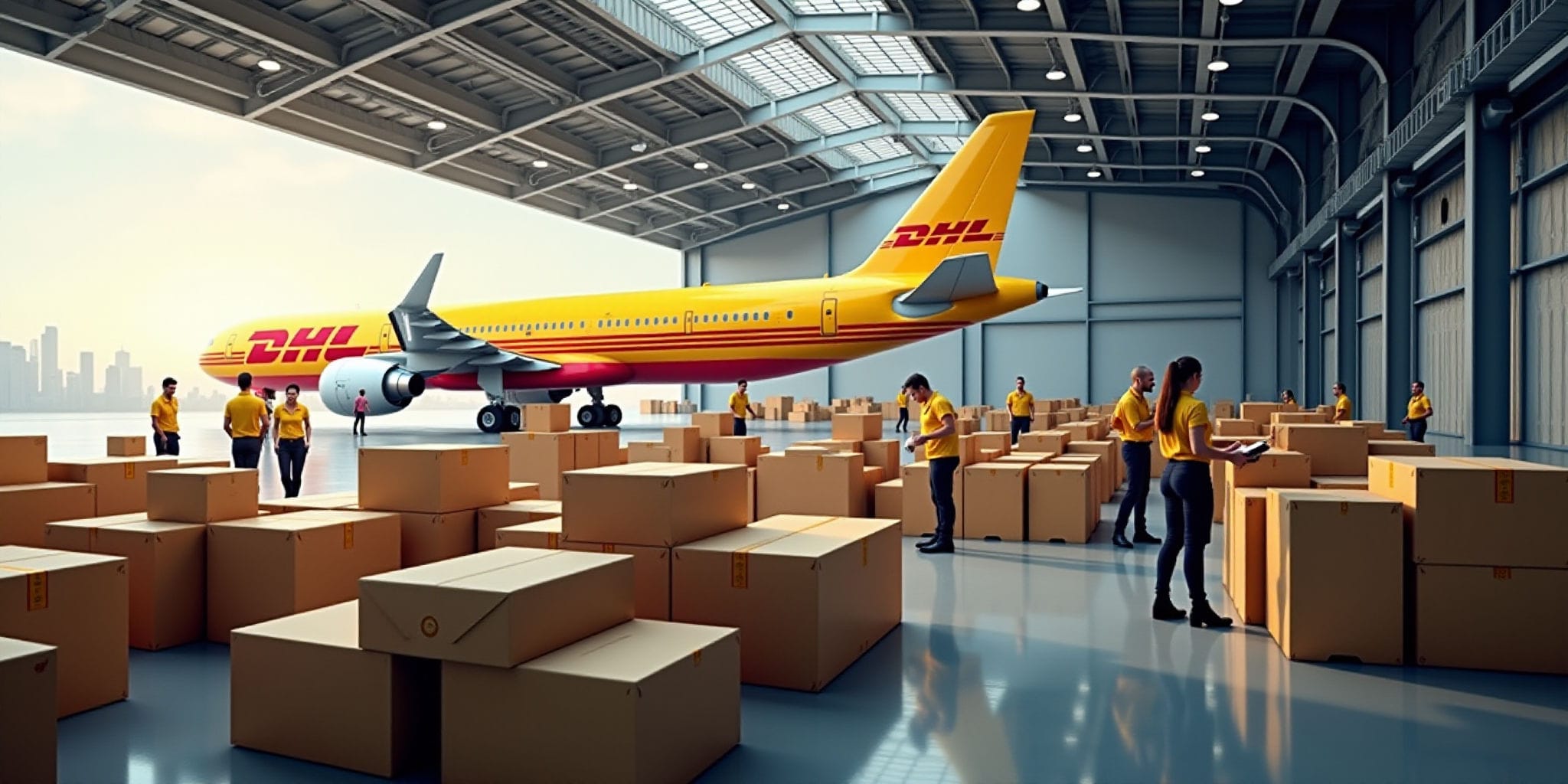 The image depicts an industrial warehouse setting where a yellow DHL airplane is parked inside among stacks of large cardboard boxes, while several employees wearing yellow shirts stand nearby. The plane's landing gear has been removed from its wheels to allow it to move around the warehouse more easily. In addition to the plane and boxes, the warehouse contains metal shelving units on the walls that appear to be empty. The atmosphere suggests a busy day for DHL staff as they work diligently amidst the stacks of packages in the background.