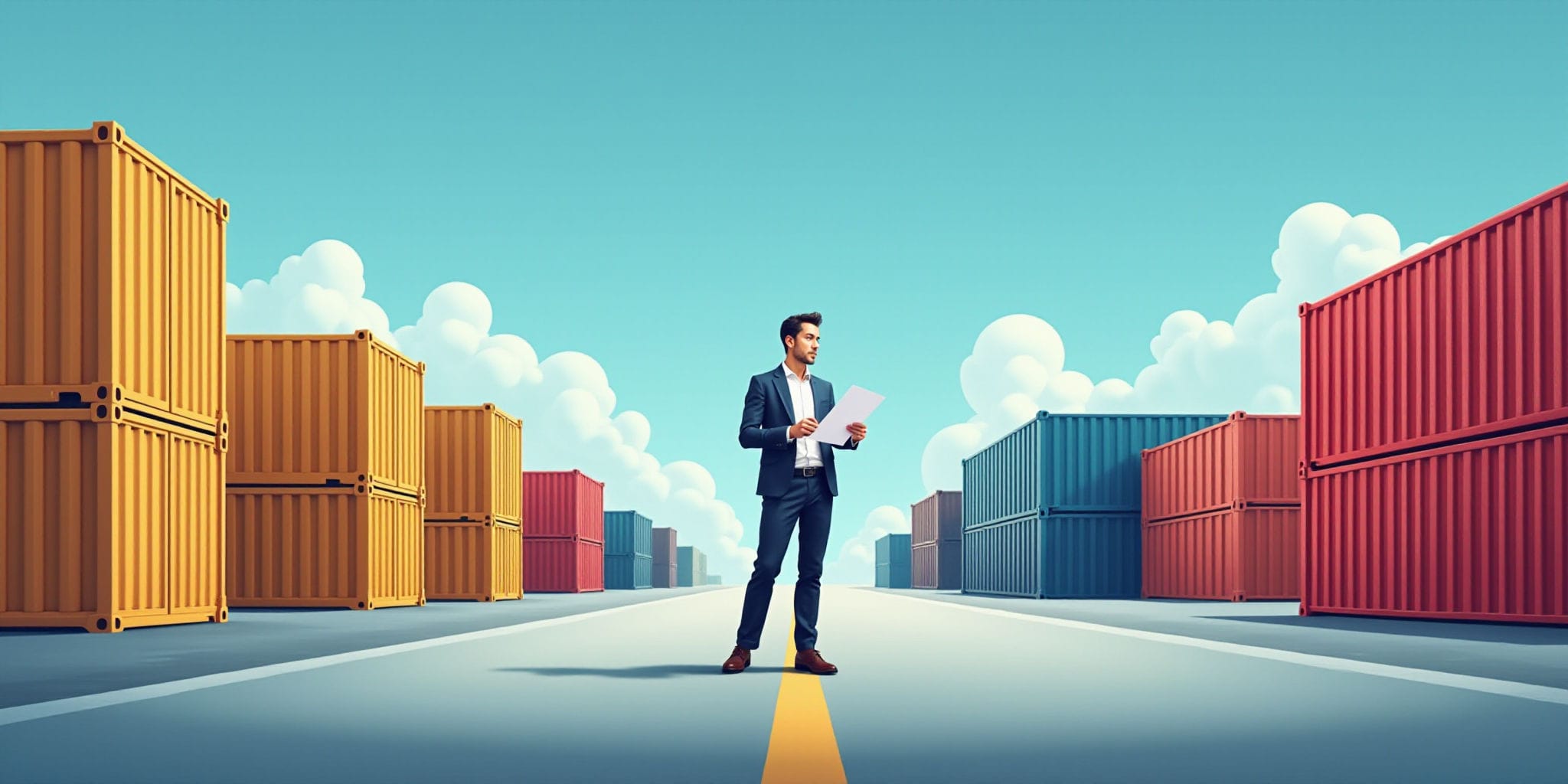 The image presents an illustration of two distinct scenes, each featuring a man standing alongside a row of shipping containers. The top scene showcases five yellow containers, while the bottom scene displays four red, blue, and brown containers. In both instances, the individual is dressed in business attire - a dark suit and shoes - and appears to be engaged with some form of paperwork or document. The background of each scene features a serene light-blue sky dotted with fluffy white clouds. Notably, the man in the top image seems to be walking towards the camera, whereas his counterpart in the lower image is facing away from it.