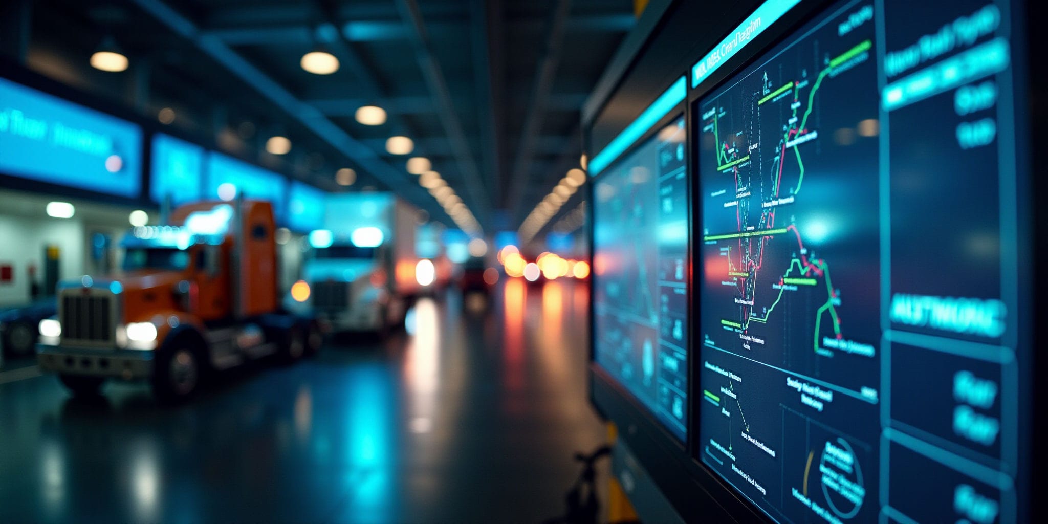 The image depicts a large warehouse facility featuring multiple electronic screens displaying graphs and charts on the wall to the left. In the background, several semi-trucks are parked in a row along the right side of the room.

In the foreground, a large electronic screen displays various graphs and charts, showcasing what appears to be real-time data related to transportation logistics or inventory management. The screen is divided into multiple sections, each displaying different types of information such as line graphs, bar charts, and text-based reports. Some of these displays are accompanied by small icons or symbols that may represent specific metrics or parameters being tracked.

Moving further back in the image, a row of semi-trucks can be seen parked along the right side of the room. These vehicles appear to be fully loaded with cargo, suggesting that they have completed their delivery runs and are now waiting for unloading or maintenance. The trucks' headlights are illuminated, indicating that they may be preparing to depart at any moment.

On the left side of the image, a large warehouse facility stretches out, providing ample space for storing and managing inventory. The walls of the warehouse are lined with rows of shelving units, each one stacked high with boxes, crates, and other containers. This suggests that the warehouse is used for bulk storage and distribution purposes.

Overall, the image provides a glimpse into the inner workings of a large-scale logistics operation, where data-driven insights and efficient management play crucial roles in ensuring smooth operations and timely deliveries.