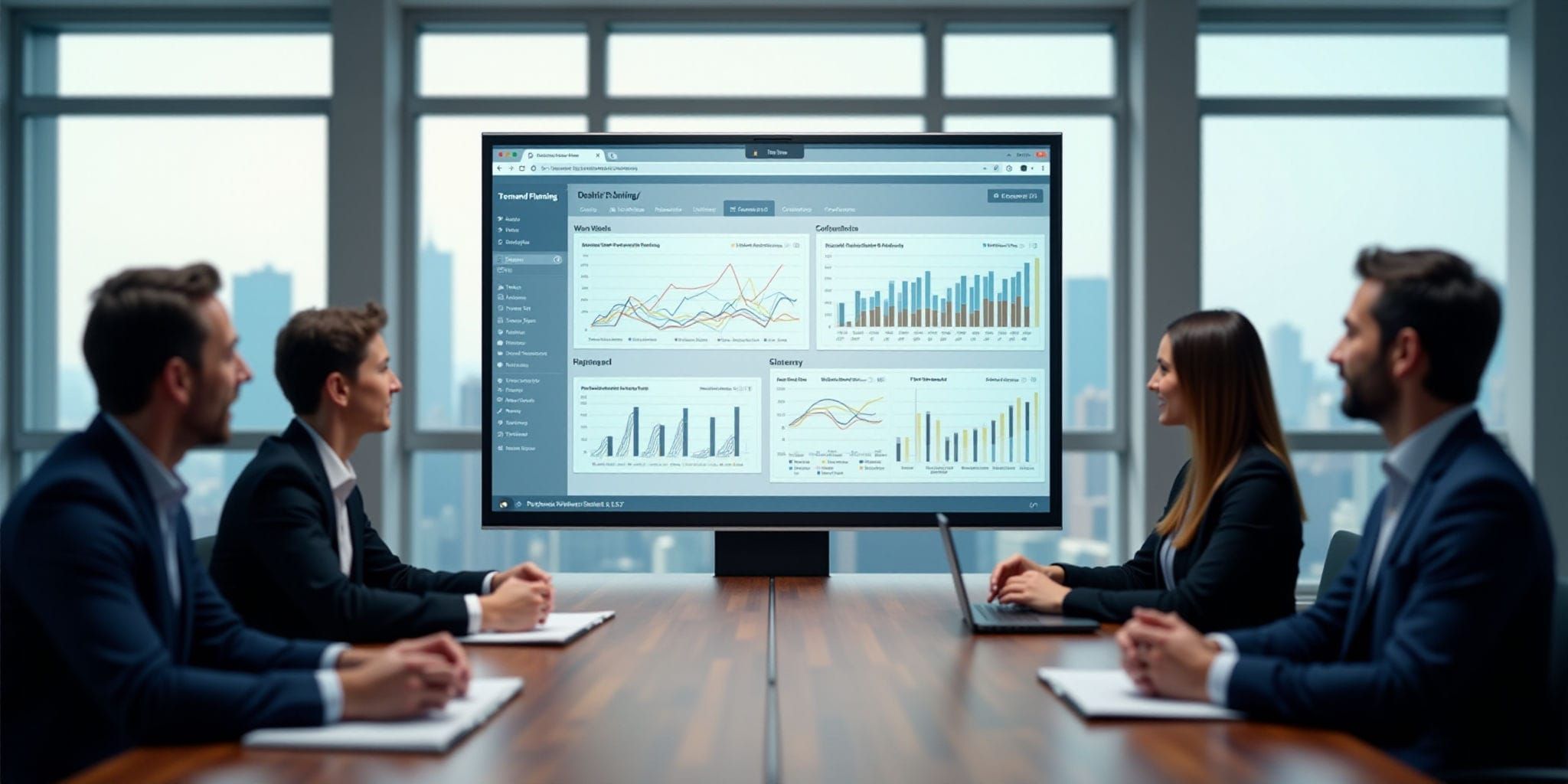 The image depicts two distinct scenes, each featuring a group of people seated around a table or desk, gazing at computer monitors displaying various graphs and charts.

In the top scene, three individuals are positioned in front of a large monitor that is mounted on a wall. The monitor showcases multiple pages from an application, with one page titled "Trend Planning" and another labeled "Double Training." A third person sits to the right of this group, separated by a small table or desk.

In the lower scene, four people are seated in front of a large monitor that is placed on a table. The monitor displays two pages from an application, one showing a graph with multiple lines and another featuring a bar chart. This setup appears to be part of a larger office environment, possibly a conference room or meeting space.

The background of both scenes features a window overlooking a city skyline, providing a subtle yet distinctive backdrop for the activities unfolding in front of the monitors.