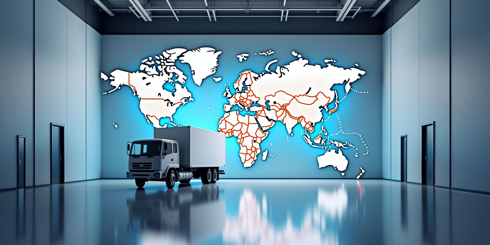The image features two side-by-side photographs of an industrial room, each showcasing different aspects of the space.

In the top photograph, taken from left to right across the image, a large white semi-trailer is parked on a shiny blue floor with black trim. The truck faces the wall, which has been painted with a world map in white and orange outlines, featuring bold red lines that highlight the major roads connecting continents around the globe. A doorway is situated behind the truck, while fluorescent lighting fixtures are visible above.

In contrast, the bottom photograph presents a wider view of the same room, offering a glimpse into its expansive layout. The glossy blue floor with black trim stretches out in front of the viewer, meeting the wall's edge at a corner where the world map continues. A doorway is positioned on the far left side of the image, while fluorescent lighting fixtures are visible above and to the right.

The images depict an industrial setting, possibly a warehouse or storage facility, characterized by its utilitarian design and functional layout. The presence of the semi-trailer suggests that goods may be being transported or stored within the space.