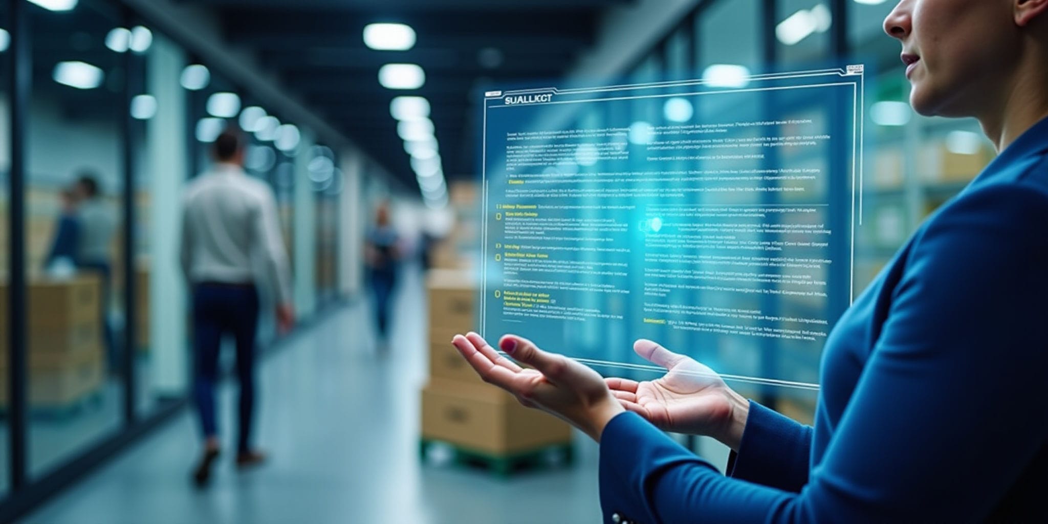 This image depicts an office corridor that appears to be in a warehouse or similar setting. The corridor extends into the distance, lined with windows on both sides, and is well lit by overhead lighting. In the background, cardboard boxes are stacked near some of the windows, while two people can be seen walking along the corridor in the distance.

In the foreground, a woman stands facing left, wearing a blue long-sleeved top. She has her hands outstretched, palms up, and appears to be interacting with an invisible screen that displays several lines of white text on a transparent background. The text is contained within a thin white border and includes some yellow highlighted words.

The overall atmosphere of the image suggests a modern office or warehouse setting, possibly used for training purposes due to the augmented reality effect.
