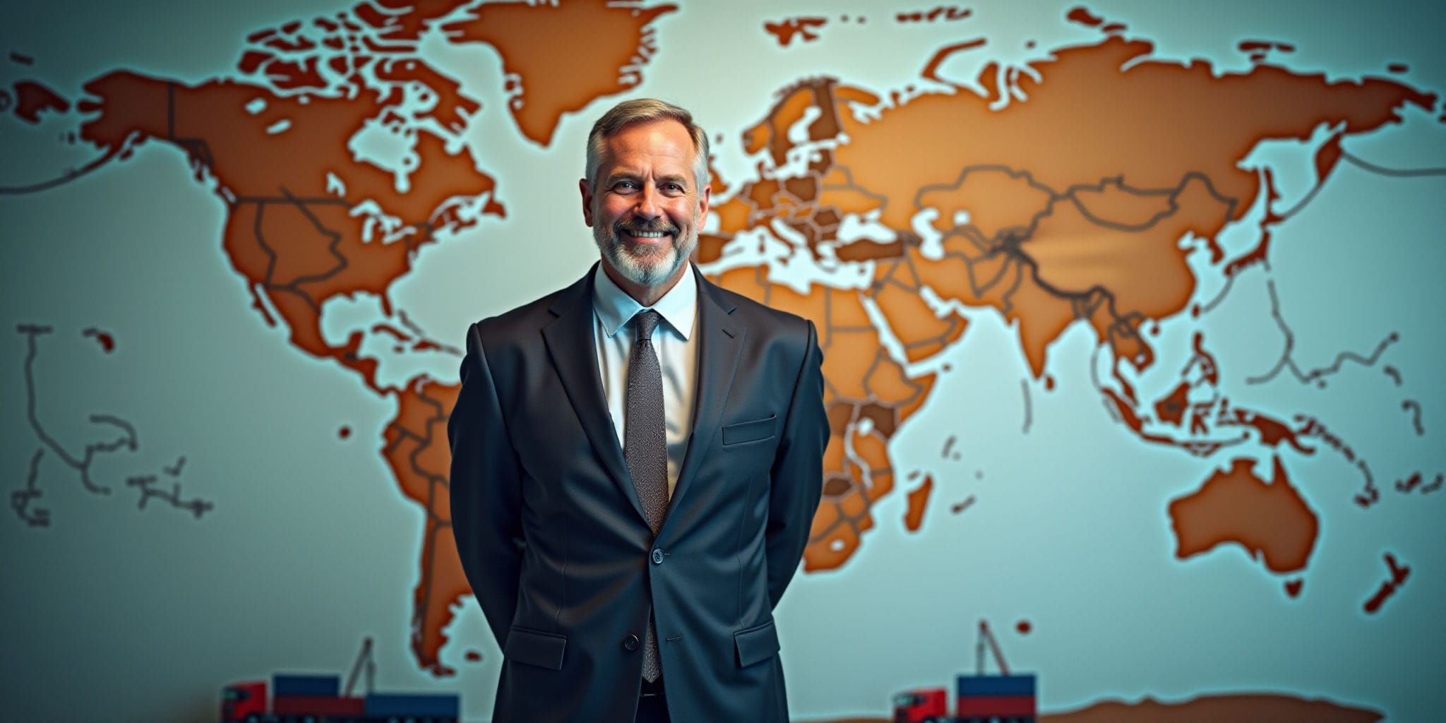 The image features two photographs of a man dressed in a formal suit standing against a backdrop of a world map. The upper photograph shows him from the waist up, facing forward with his hands at his sides, while the lower photograph is cropped to only show his torso.

In both images, he sports short gray hair and a well-groomed mustache. His attire consists of a dark blue suit jacket paired with a white shirt and dark tie, complemented by black dress pants. The background of each image is dominated by an orange-colored world map, which provides a striking contrast to the man's formal wear.

A notable feature in both photographs is the presence of two cargo ships situated at the bottom center of the map, adding a sense of global significance and international trade to the overall scene.
