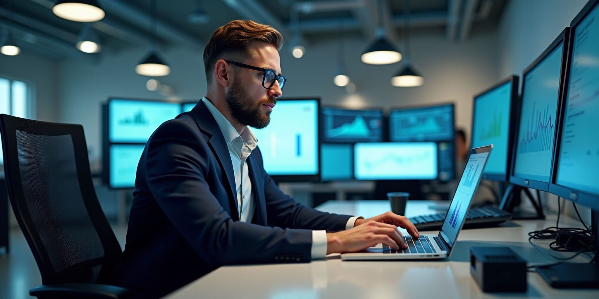 The image depicts a man sitting at a desk in an office setting, surrounded by multiple computer monitors displaying various graphs and charts. He is dressed in a blue suit jacket over a white collared shirt, with short brown hair and black-framed glasses perched on his nose.

To his left, a person's hand is visible typing away on a laptop keyboard, while three large computer monitors are positioned to the right, each displaying different graphs or charts. The background of the image reveals several other desks and monitors, creating a sense of a bustling office environment. Above, recessed lighting adds to the professional ambiance.

Overall, the scene suggests that the man is engaged in some form of data analysis or research, utilizing multiple screens to review and interpret various data sets.