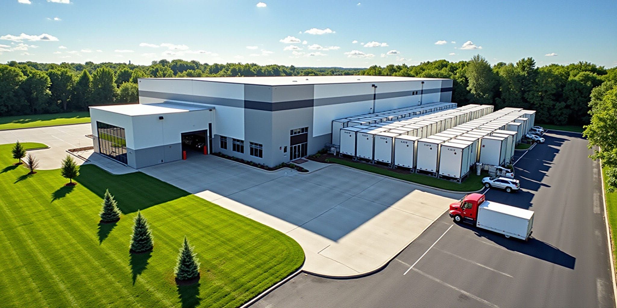 This aerial image presents two distinct views of a warehouse complex situated amidst trees and a grassy area. The top photograph provides an overview of the building's exterior, while the bottom one focuses on the parking lot in front of it.

The white building, with its flat roof and grey accents, is positioned at an angle to the left of the image. A large garage door marks the entrance, flanked by two smaller doors to either side. The adjacent parking area is partially visible, featuring a few cars parked alongside several rows of shipping containers. 

In contrast, the lower photograph captures a wider view of the warehouse's rear section and adjacent parking lot. The white building stretches across the image, with the paved parking lot extending beyond its right edge. Several rows of shipping containers are arranged in front of it, while a red truck is parked in one of the spaces.

Beyond the buildings, trees stretch into the distance beneath a blue sky dotted with clouds.