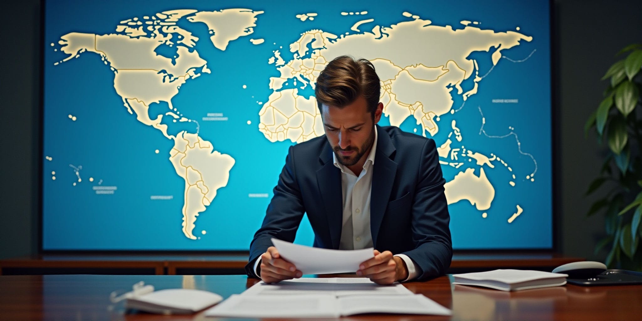 This image presents two distinct views of an office setting featuring a man seated at a brown desk. In both photographs, he is attired in a dark blue suit jacket over a white button-up shirt. 

In the top photograph, his face is obscured by a large screen displaying a world map against a blue background, illuminated with yellow outlines of countries and continents. He holds a piece of paper in his right hand, poised as if to place it on the desk.

The bottom image offers a clearer view of his face, which remains focused intently on the papers before him. 

In both images, the room is dimly lit, casting shadows behind the man's head and shoulders. The overall atmosphere suggests that he is diligently working at the office during evening hours or late into the night.