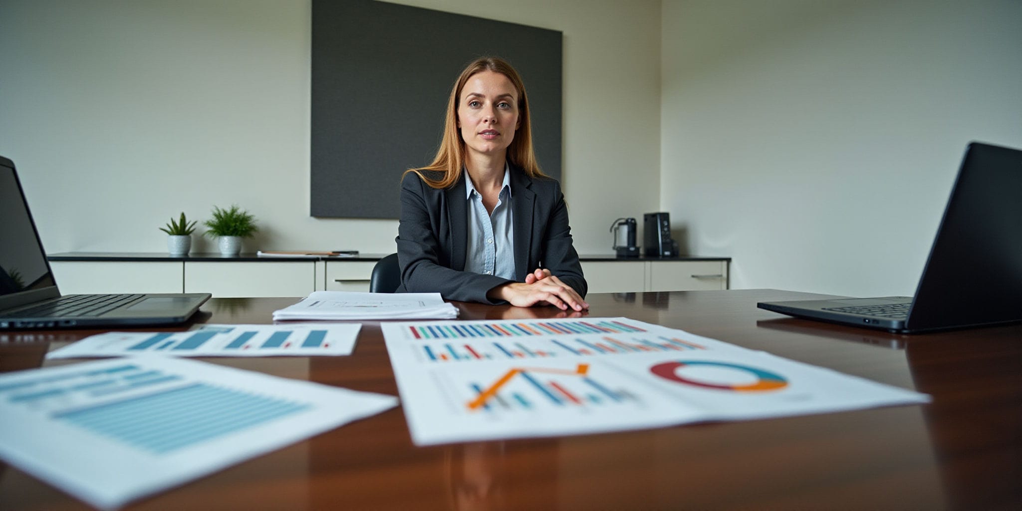 The image depicts two women seated at a large wooden desk, surrounded by office supplies and documents. The woman on the left has long brown hair and is attired in a black blazer over a white button-up shirt with light blue stripes. Her counterpart on the right features blonde hair styled in loose waves and wears a dark grey blazer paired with a white collared shirt featuring light blue details.

Both women are intently focused on papers spread across the desk, their hands clasped together or resting on the surface. The desk itself is made of rich brown wood and holds an assortment of office supplies, including several sheets of paper with colorful graphs and charts printed upon them. A black laptop sits to the left of the woman on the right.

In the background, a white wall provides a clean backdrop for the scene, while a small potted plant adorns a shelf above the desk, adding a touch of greenery to the space. Overall, the image conveys a sense of professionalism and productivity, with the two women deeply engaged in their work.