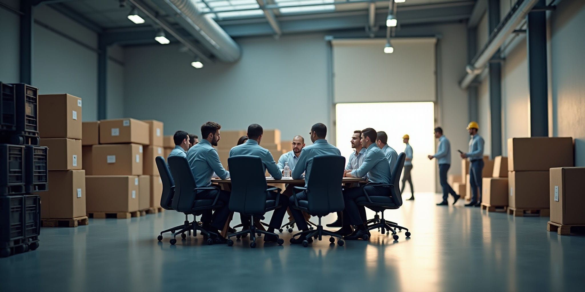 The image depicts two scenes of an office meeting space, likely situated within a warehouse environment.

In the top scene, six men are seated around a table in a well-lit room with blue walls and a high ceiling. The back wall is lined with large brown boxes stacked on pallets, while black plastic crates are positioned to the left side of the image. The men, dressed in light-colored button-down shirts and dark pants, face away from the camera as they engage in discussion.

In the bottom scene, five men sit at a table facing away from the camera, their attire similar to that of the top group. To the right of this meeting space, several large brown boxes are stacked on pallets, with two men wearing hard hats walking past them towards an open door. The room features white walls and a high ceiling, illuminated by overhead lighting.

Both scenes share a sense of industry and collaboration, suggesting that they take place within a warehouse or similar setting.