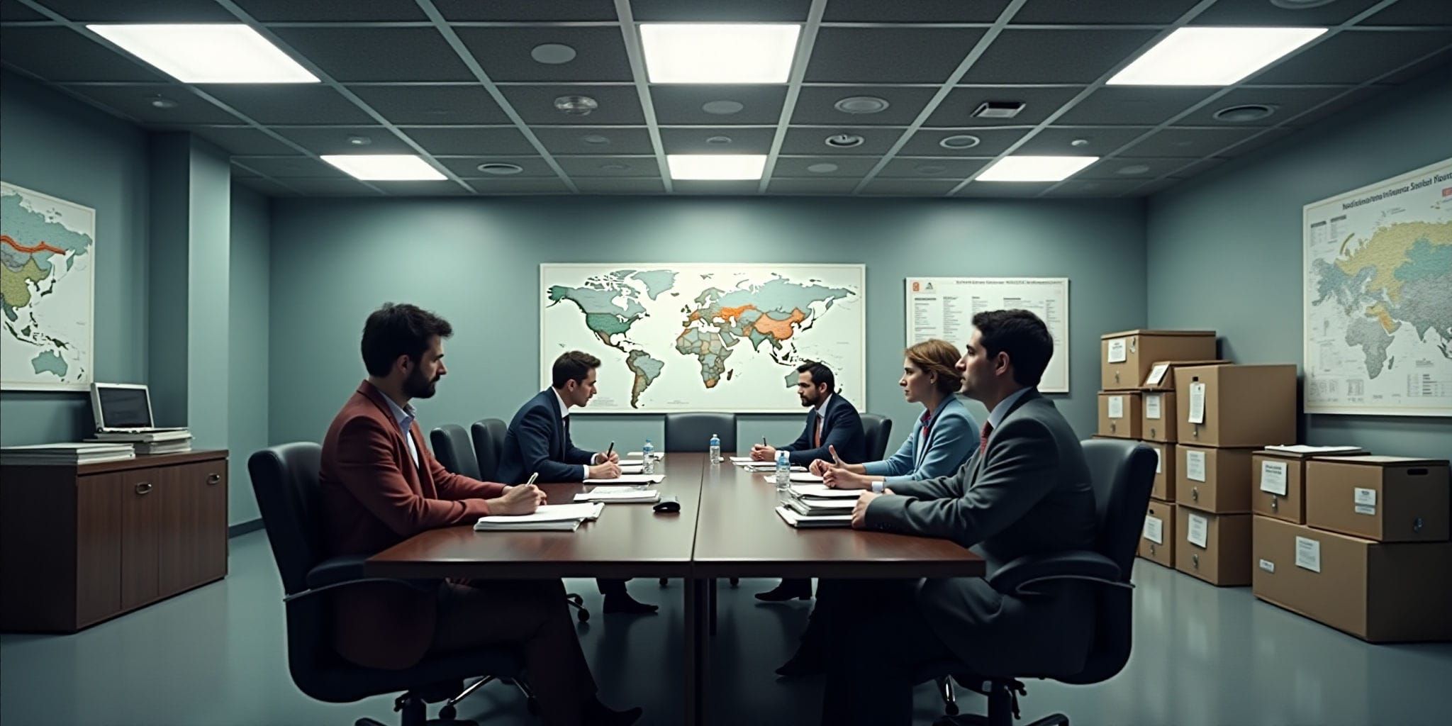 The image shows two scenes from an office setting, each depicting a group of people sitting at a table.

In the top scene, three men sit at a long brown table, facing one direction, with only their heads visible above the table surface. The man on the left wears a red blazer and blue shirt, while the middle man sports a dark navy suit and white shirt. A third man in the background is dressed similarly to the first two, wearing a dark navy suit and white shirt.

Behind them, against a light blue wall, hangs a world map featuring different countries in various colors, including orange, yellow, green, blue, and gray. To the left of the men stands a brown desk with a computer monitor on top. Underneath the table are several cardboard boxes stacked together. The lighting is bright but has a slightly muted quality, adding to the overall atmosphere of the scene.

In the bottom scene, three people sit at another long brown table in front of them. To the right of this group stands an additional stack of cardboard boxes. Similar to the top scene, the map on the wall behind them features different colored countries and shares a similar setting with bright but muted lighting. The overall atmosphere of both scenes is professional, as suggested by the formal attire worn by all individuals in the image.