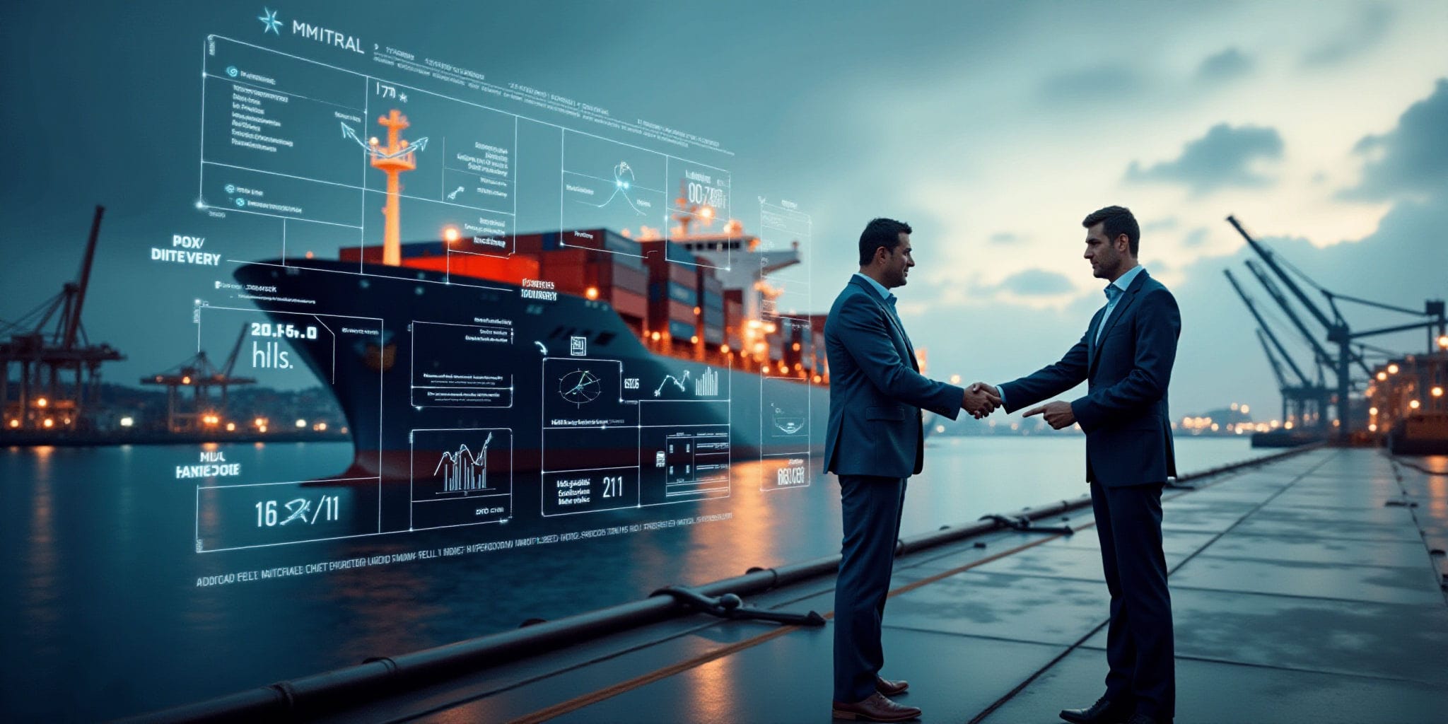 The image depicts two men shaking hands on a dock, with a large cargo ship in the background. The scene is set at dusk, with the sky appearing blueish-gray due to the lighting conditions. The foreground features the two men standing face-to-face, dressed in business attire consisting of suits and ties. Their right arms are extended outward as they shake hands, conveying a sense of agreement or partnership.

Behind them lies a long dock that stretches into the distance, with a large cargo ship visible in the background. The ship is loaded with numerous shipping containers and has a distinctive crane on its deck. In the top-right corner of the image, an overlay displays various statistics and data related to international trade, including numbers such as "20.56.0 hls" and "16.7/11". This suggests that the image may be used in a context where global commerce is being discussed or promoted.

Overall, the image presents a professional and collaborative atmosphere, with the two men's handshake serving as a symbol of their agreement or partnership. The inclusion of the cargo ship and trade-related data adds context to the scene, highlighting its relevance to international business and commerce.