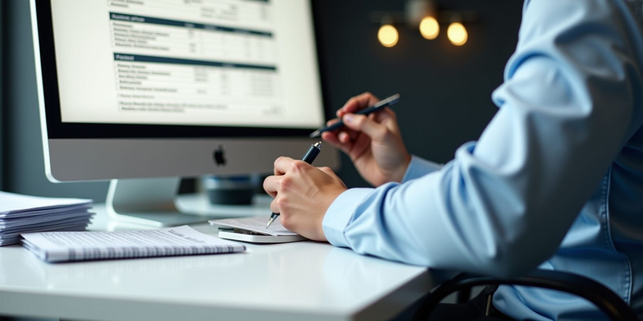 The image shows a person sitting at an office desk, working on their computer. The individual is wearing a light blue shirt and has their left arm resting on the desk, with their hand holding a black pen above a small notebook. In front of them lies a stack of papers, while a larger notebook sits on the desk to the right. A large Apple monitor is positioned behind the person's right side.

The background of the image is blurred but appears to be an office setting, with a dark wall and two lights visible in the distance. The overall atmosphere suggests that the person is engaged in work or studying, possibly taking notes or writing down information from the computer screen.