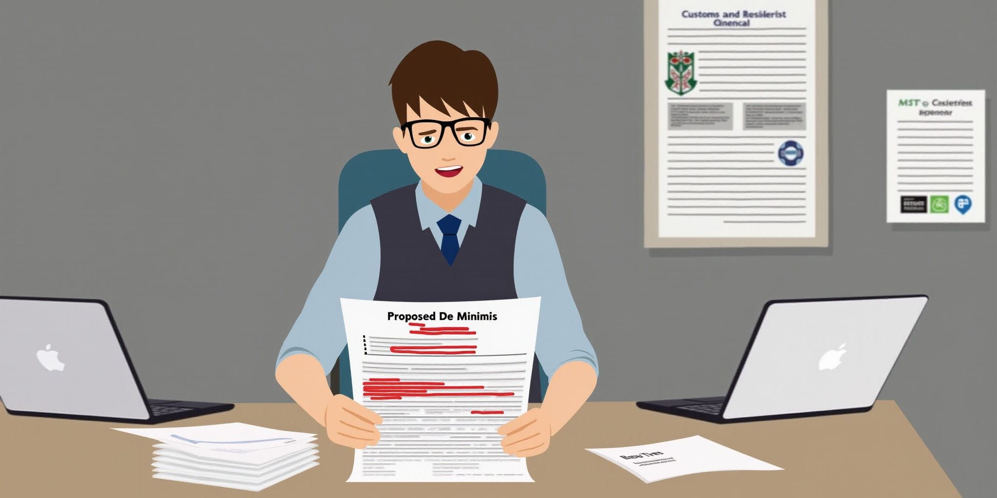 The image depicts a man sitting at a desk, holding a paper labeled "Proposed De Minimis" in one hand and a stack of papers on his left side. The man is wearing a blue shirt, a dark gray vest, and a navy tie. He has short brown hair and black-framed glasses. On the table to the left of the man are more papers and an Apple laptop computer.

Behind him, there are three additional documents pinned to the wall, including one with a green crest bearing a crown above it, accompanied by two lines of illegible text. Another document is white with the title "Customs and Resale Tax" at the top, followed by several lines of text that are also unreadable.

The background of the image features a gray wall behind the man's desk, providing a neutral backdrop for the scene. Overall, the image appears to be a representation of an office setting, with the man likely engaged in some sort of administrative or clerical task.