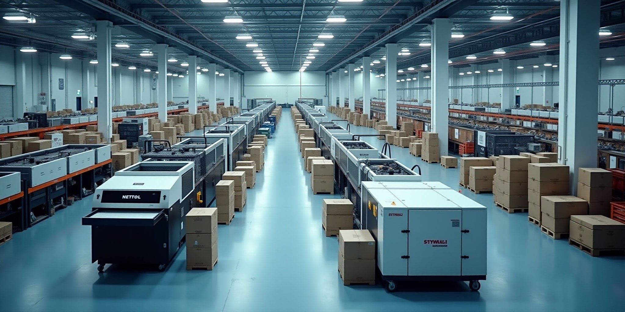 The image shows what appears to be an industrial warehouse or storage facility. The room has blue floors and white walls, with large metal support beams running across the ceiling. There are tall shelves lining the back wall, holding numerous cardboard boxes stacked on top of each other. Several rows of black conveyor belts span the length of the floor, with a row of automated carton sealers along the side. In front of them stands an assortment of industrial equipment and machinery, including white pallets, large brown boxes, and wheeled carts. The atmosphere is one of bustling industry, with several lights overhead casting a bright glow over the entire scene.