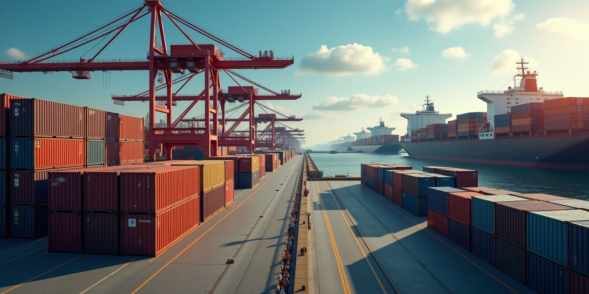 The image depicts a bustling port, featuring rows of shipping containers stacked on top of each other along the left side of the road. In the background, large red cranes are situated to the right, while several ships are docked in the water, with one ship positioned near the center-right of the image and another visible further back on the left-hand side. The sky above is a brilliant blue, dotted with white clouds scattered throughout.