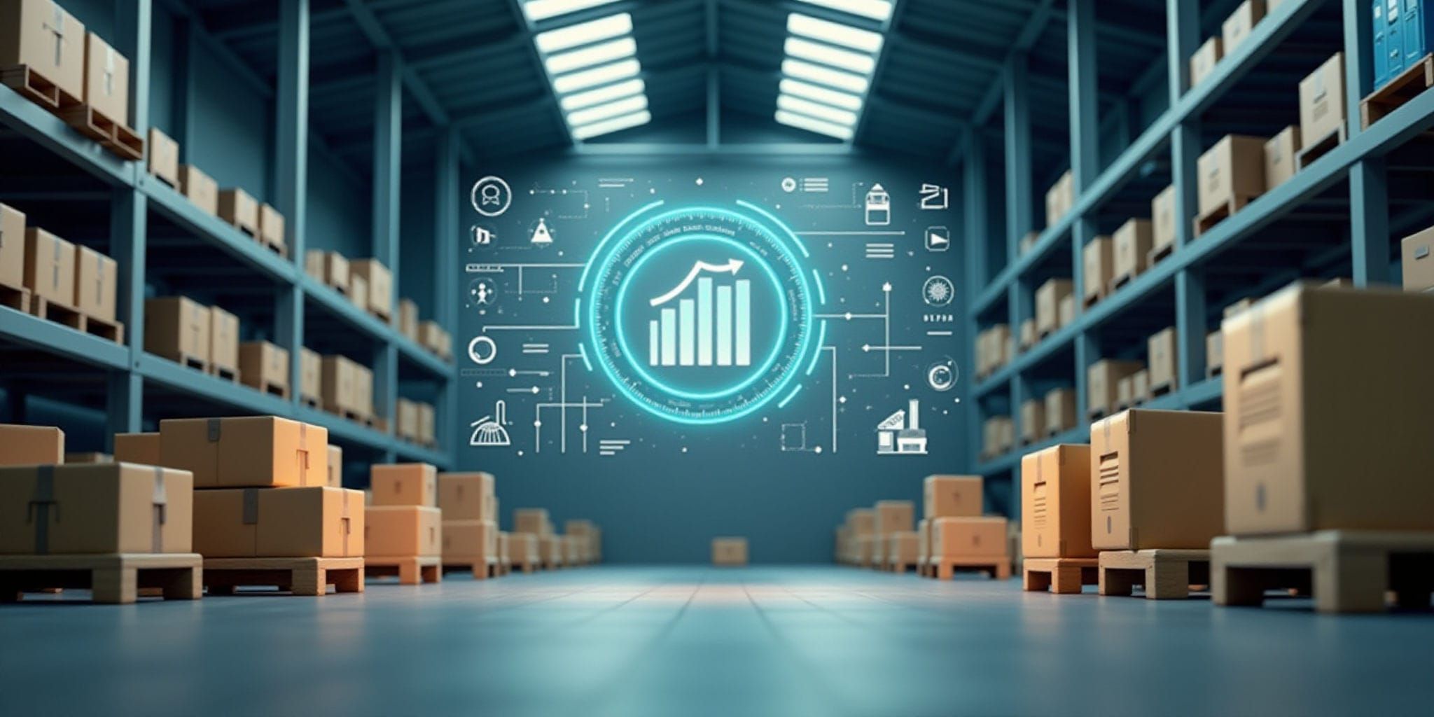 The image depicts two identical warehouse scenes separated by a horizontal line, each featuring rows of cardboard boxes on pallets stored on blue metal shelving units that span from floor to ceiling. The top scene is slightly blurred compared to the bottom one, with a large graphic of an ascending bar graph in white and turquoise surrounded by various icons related to data analysis and business management superimposed over it. The background consists of a dark teal wall and a shiny blue concrete floor illuminated by fluorescent lights installed on the ceiling.