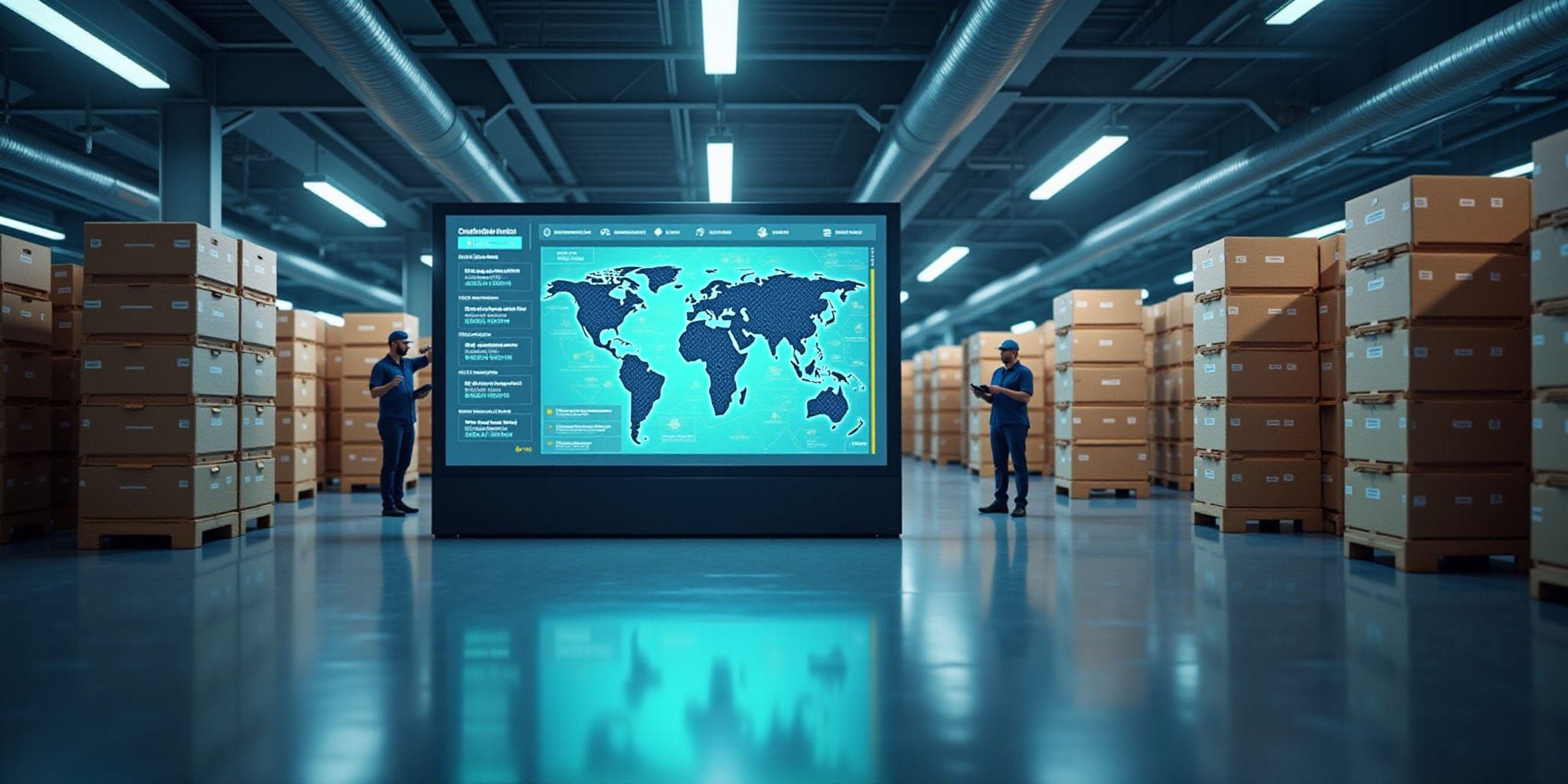 The image depicts two identical scenes, each showcasing a warehouse setting with an employee standing amidst rows of stacked boxes and pallets. The scene is illuminated by overhead fluorescent lights, and the floor appears to be made of polished concrete or tile.

In the foreground, the employee is dressed in blue overalls and stands beside a large screen displaying a world map on a teal background. The map features various icons and text elements, including a title that reads "Creditorship insights" in white letters against a dark blue bar at the top of the screen.

The warehouse itself is filled with rows of stacked boxes and pallets, creating a sense of depth and scale. The overall atmosphere suggests a modern and well-organized facility, possibly used for inventory management or logistics purposes.