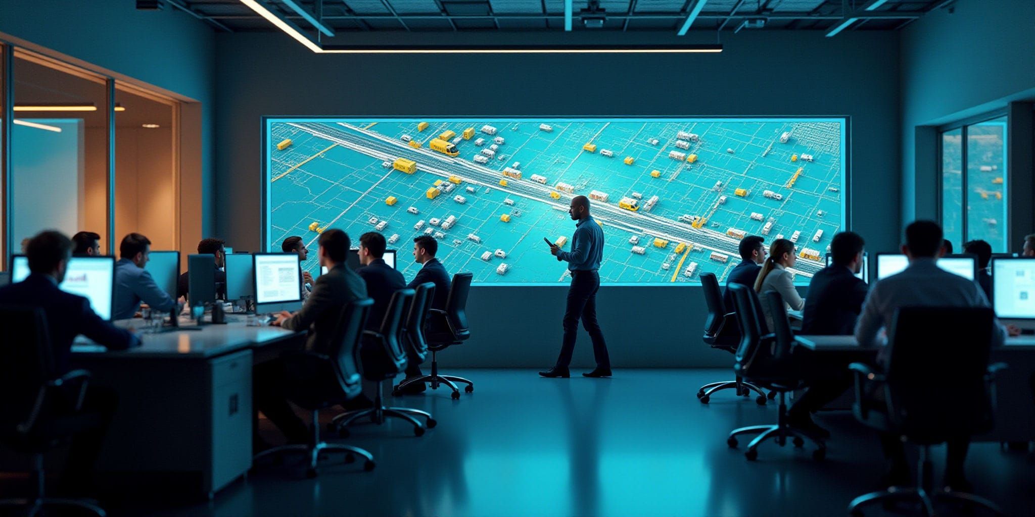 This image depicts an office setting where multiple individuals are gathered around a large screen displaying a 3D map of transportation routes and traffic. The room is dimly lit, with only a few overhead lights illuminating it, creating a subdued atmosphere.

The attendees in the scene appear to be working on various aspects of logistics or transportation planning, utilizing their computers to analyze and strategize about these operations. Some individuals are seated at desks while others stand near the screens, engaged in focused discussions.

The overall ambiance suggests a collaborative work environment where professionals from different fields come together to address complex logistical challenges. The dim lighting and professional attire contribute to an air of seriousness and focus, implying that the group is deeply invested in their work.
