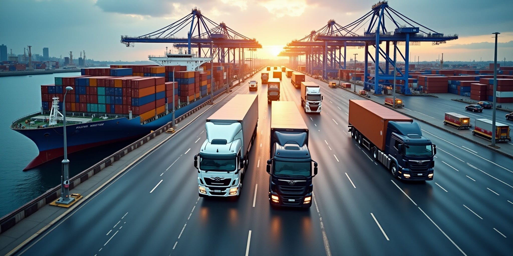 The image showcases two distinct shipping scenes. In the top scene, a large cargo ship navigates through calm waters, its hull adorned with vibrant containers stacked on top of each other in various colors such as red, blue, orange, green, yellow, and white. The vessel is situated near a dock where several cars are parked alongside it. A crane stands tall to the right, while the background features a city skyline with numerous buildings.

In contrast, the bottom image depicts two trucks transporting cargo on a highway. One truck is black and another is dark blue, both carrying large containers in their beds. The trucks are driving away from the viewer towards the left side of the image. In the distance, a cluster of red shipping containers can be seen alongside a crane, set against an overcast sky with clouds covering the sun.