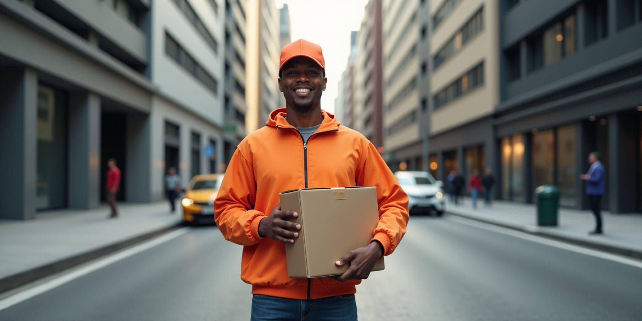 The image depicts a man standing on a city street, holding a cardboard box. He is wearing an orange baseball cap that matches his bright orange hoodie, which has a black zipper running down the middle. The hoodie also features long sleeves with elastic cuffs at the wrists. Underneath the hoodie, he wears a light blue shirt.

The man's attire is completed by blue jeans, and he holds a cardboard box in front of him using both hands. In the background, other people can be seen walking along the sidewalk, while cars are parked or driving along the street. The buildings surrounding the scene appear to be several stories tall, suggesting that this is an urban setting.

Overall, the image suggests that the man is likely a delivery person, possibly working for a package delivery service such as UPS or FedEx, based on his attire and the box he is holding.