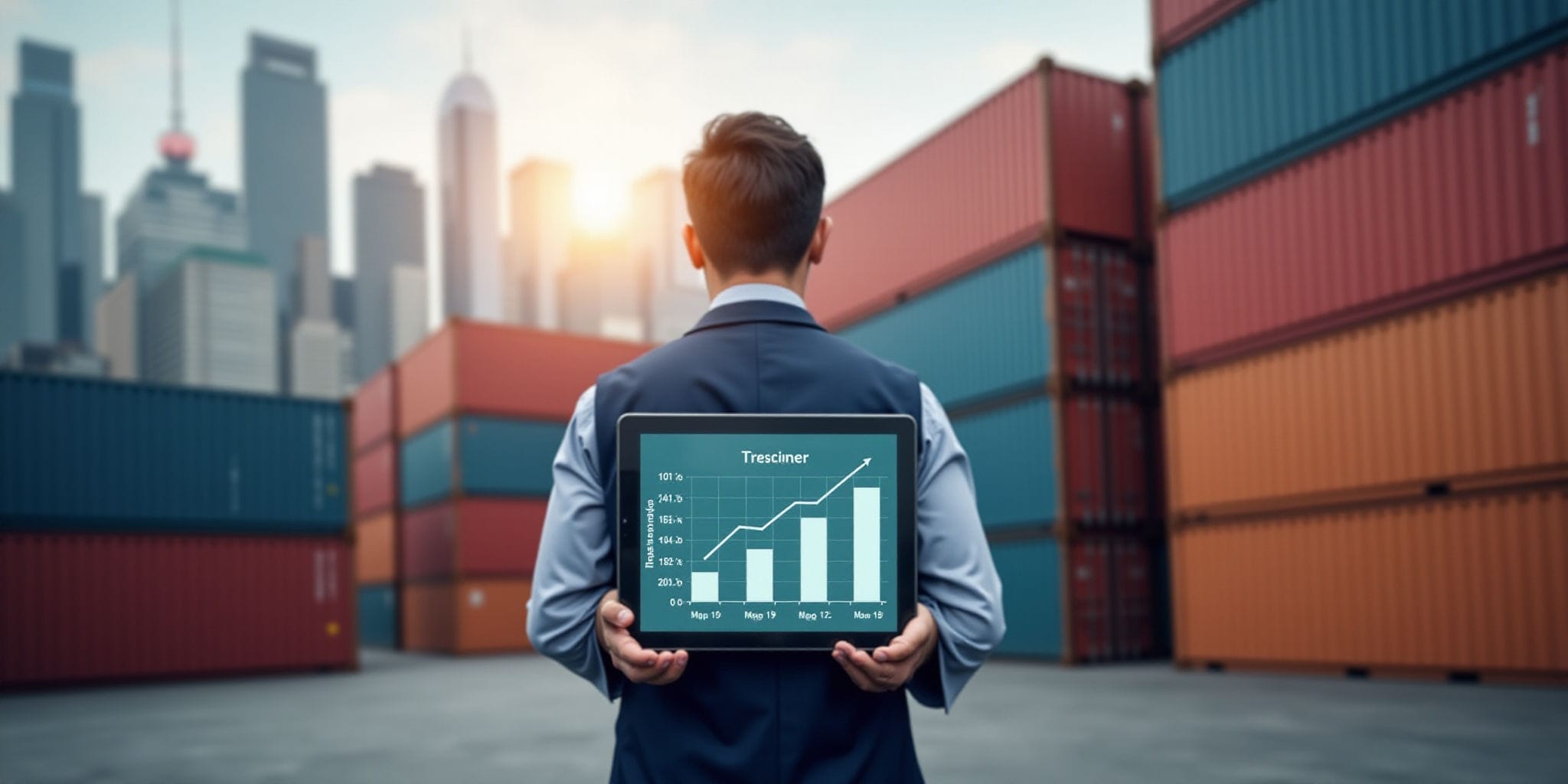 The image depicts a man standing in front of stacked shipping containers, holding an iPad displaying two graphs on its screen. The man is positioned centrally in the frame, facing away from the camera, with his back turned towards it. He is dressed in a blue suit jacket and light-colored shirt, and has short dark hair.

In the background, several large shipping containers are stacked horizontally against each other, creating a colorful display of red, orange, teal, navy, and maroon hues. The containers appear to be made of metal and have a corrugated surface. Beyond the containers, a city skyline rises into view, featuring numerous tall buildings that stretch towards the sky.

The overall atmosphere of the image suggests a bustling urban environment, possibly a port or warehouse district, where goods are being stored and transported. The presence of the iPad and graphs on its screen implies that the man may be involved in some kind of data analysis or business operation related to the shipping containers.