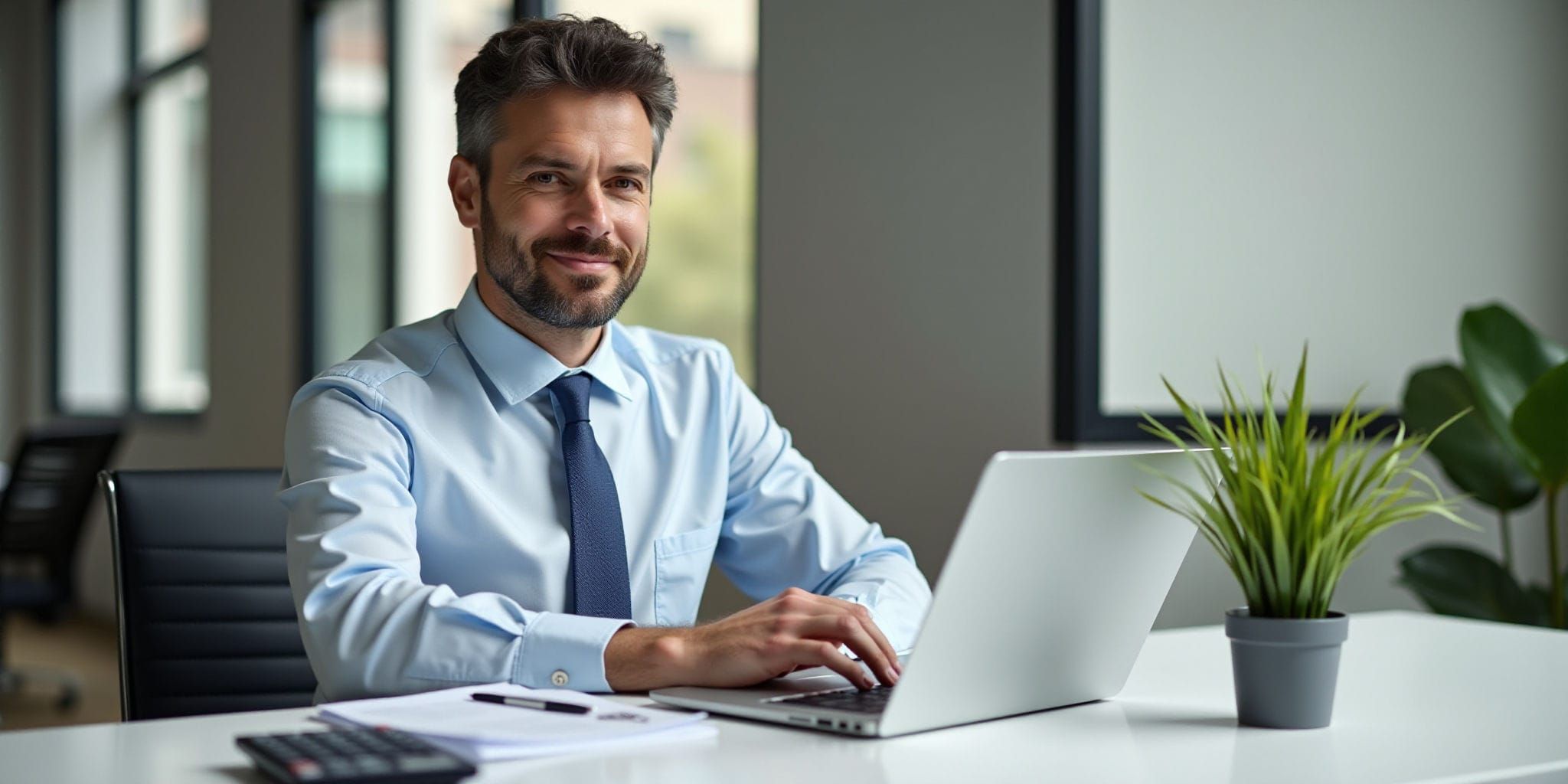 The image depicts two men sitting at a white desk in an office setting. The man on the left has short dark hair and is wearing a light blue dress shirt and tie. He appears to be smiling, with his mouth slightly open as he looks towards the right side of the image. His hands are not visible.

On the right side of the image, there is another man who is mostly cropped out of the frame. Only his left arm and hand are visible, which are typing on a laptop keyboard. The laptop screen is facing away from the camera.

In front of the two men, there is a small green plant in a gray pot. To the right of the plant, there are some papers and a calculator on top of the desk. A black chair is partially visible behind the man on the left. In the background, there are windows that let in natural light, suggesting an office setting. Overall, the image appears to be a professional or business-related scene, possibly taken during a meeting or work session.