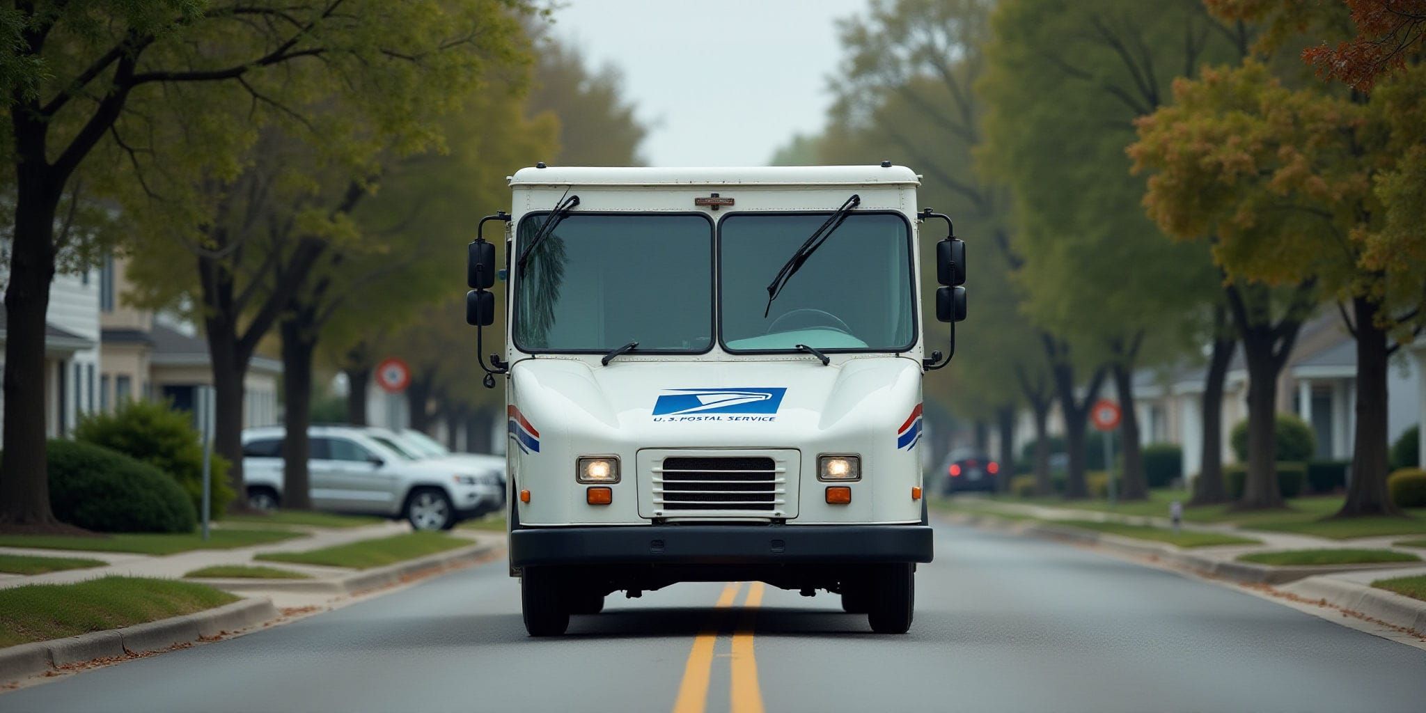 The image depicts two photographs of a United States Postal Service (USPS) mail truck driving down a suburban street on an overcast day.

In each photograph, the USPS truck is shown in profile view, with its headlights illuminated as it approaches from the right side of the frame. The truck's white body features blue and red stripes along the front grille, indicating that it serves as a United States Postal Service vehicle. A logo is prominently displayed on the side of the truck, although due to the angle at which the photographs were taken, the details are not discernible.

The road itself is lined with trees, lawns, and sidewalks, suggesting that it runs through a residential neighborhood. In the background, several houses can be seen, adding context to the scene's setting. Overall, the image provides a glimpse into the daily activities of a USPS mail truck as it navigates through a suburban area on an overcast day.