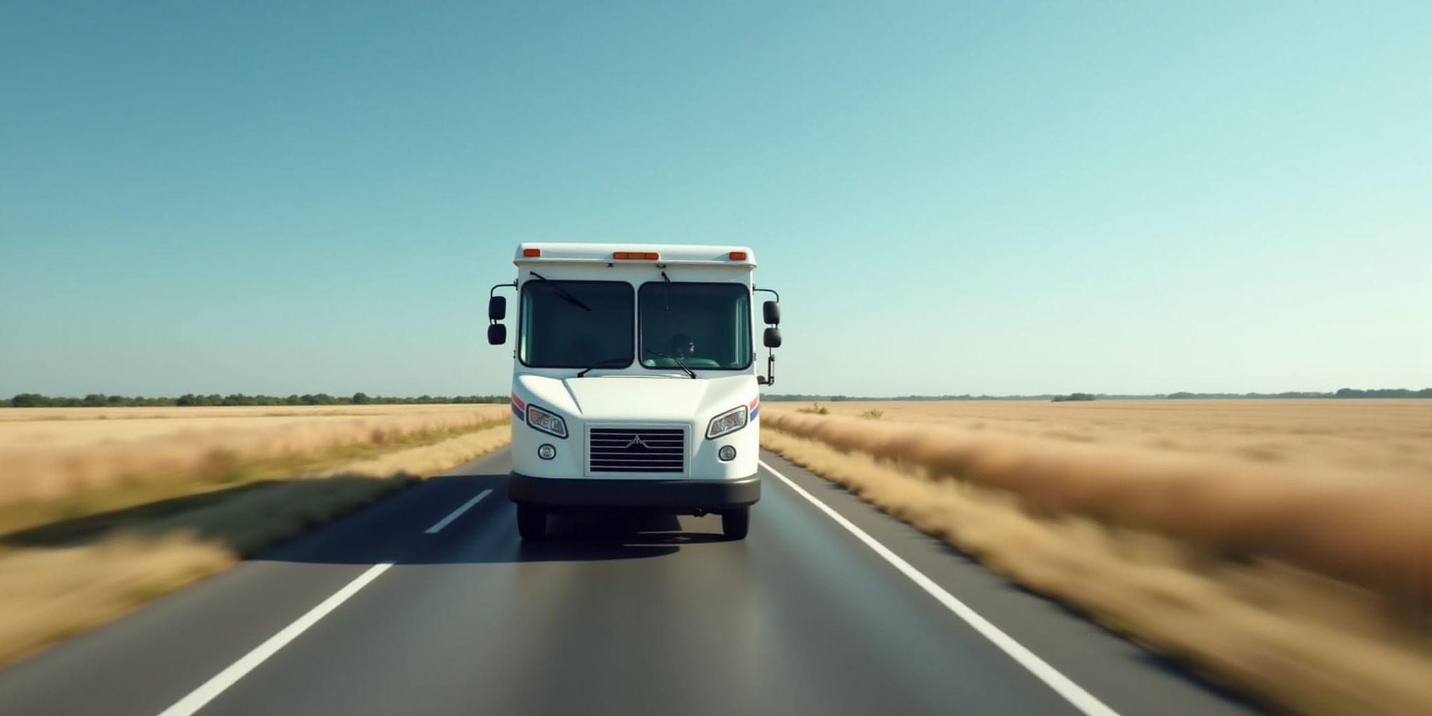 The image depicts a white food truck driving down a rural road on a sunny day. The truck is positioned at an angle to face the camera directly, showcasing its front end and windshield. Its sleek design features a large window above the driver's seat and smaller windows on either side of the grill. A red light bar runs along the top of the truck, while a small antenna protrudes from the roof.

The vehicle appears to be in motion, as evidenced by its blurred tires and the grassy verge alongside the road. In the background, fields of golden wheat stretch out towards the horizon under a brilliant blue sky, with only a few trees visible on the far side of the field.