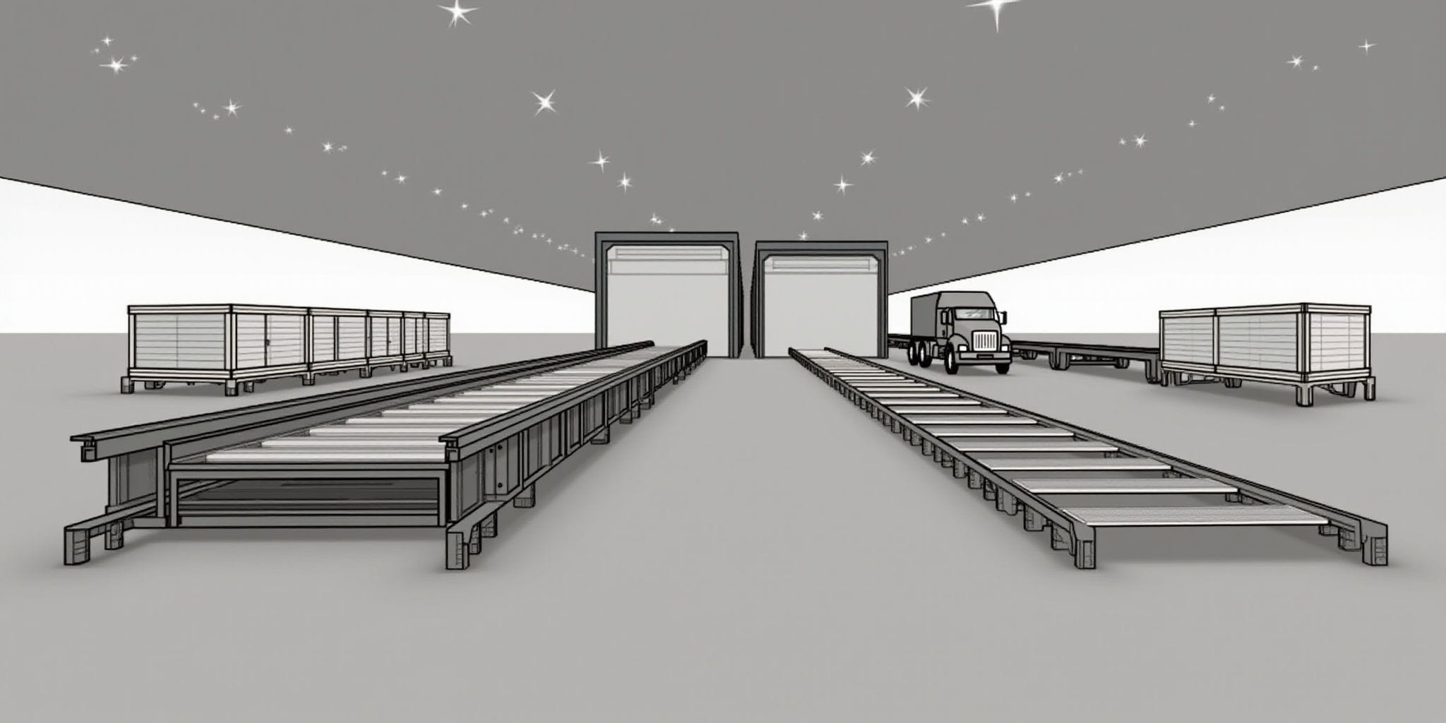 This image depicts an industrial warehouse scene featuring two identical black-and-white illustrations of loading docks. Each dock consists of three sections: a long ramp leading up to a flat surface, which is then connected by another ramp to an enclosed trailer or container. The top illustration shows only one dock, while the bottom illustration includes both docks as well as a truck positioned in front of them.

The scene is set against a backdrop of gray walls with white trim at the top and bottom. Small white stars are scattered throughout the image, adding a touch of whimsy to the otherwise industrial setting. Overall, this image provides a clear and detailed view of loading dock infrastructure, showcasing its components and layout in a straightforward manner.