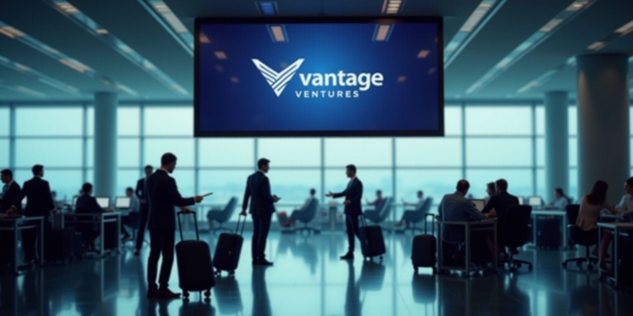 The image depicts an airport terminal, characterized by large windows that allow natural light to flood the space. The room is populated with individuals engaged in various activities, including some who appear to be working on their laptops or communicating on phones. A few people are accompanied by luggage, suggesting they may be preparing for travel.

In the foreground, a prominent display screen showcases a logo featuring a stylized "V" shape and the word "vantage" written below it. The overall atmosphere of the image conveys a sense of activity and productivity, with individuals going about their daily business in the midst of air travel arrangements.