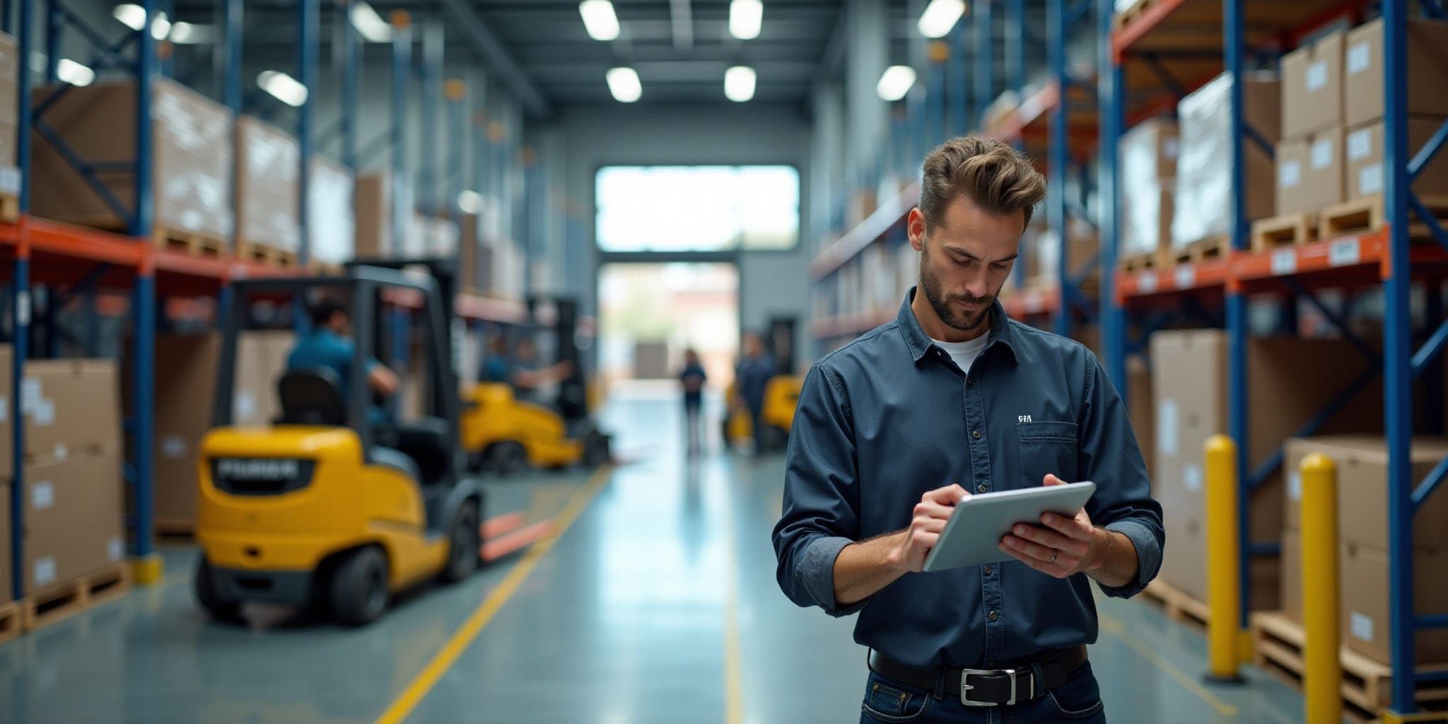The image depicts an industrial warehouse scene, featuring two distinct elements. In the foreground, a man stands facing left, dressed in a dark blue button-down shirt over a white t-shirt, with his short brown hair styled to one side. He is engrossed in examining a tablet held in front of him.

In the background, three yellow forklifts are visible on raised platforms, each navigating between rows of shelving that support cardboard boxes and other items. The warehouse's interior features metal beams, windows, and fluorescent lighting suspended from the ceiling, creating an atmosphere of industrious activity.