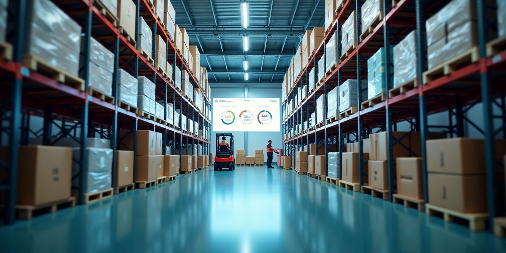 The image depicts a warehouse setting, characterized by rows of shelving units stacked high with cardboard boxes wrapped in plastic, arranged neatly on their shelves. In the background, a forklift is visible, while an employee stands to the left side of the room wearing orange and black clothing, suggesting they may be part of the warehouse staff.

The overall atmosphere suggests that this image was captured during the day or early evening hours, with natural light illuminating the space. The scene appears to be one of organized storage and inventory management within a commercial setting.