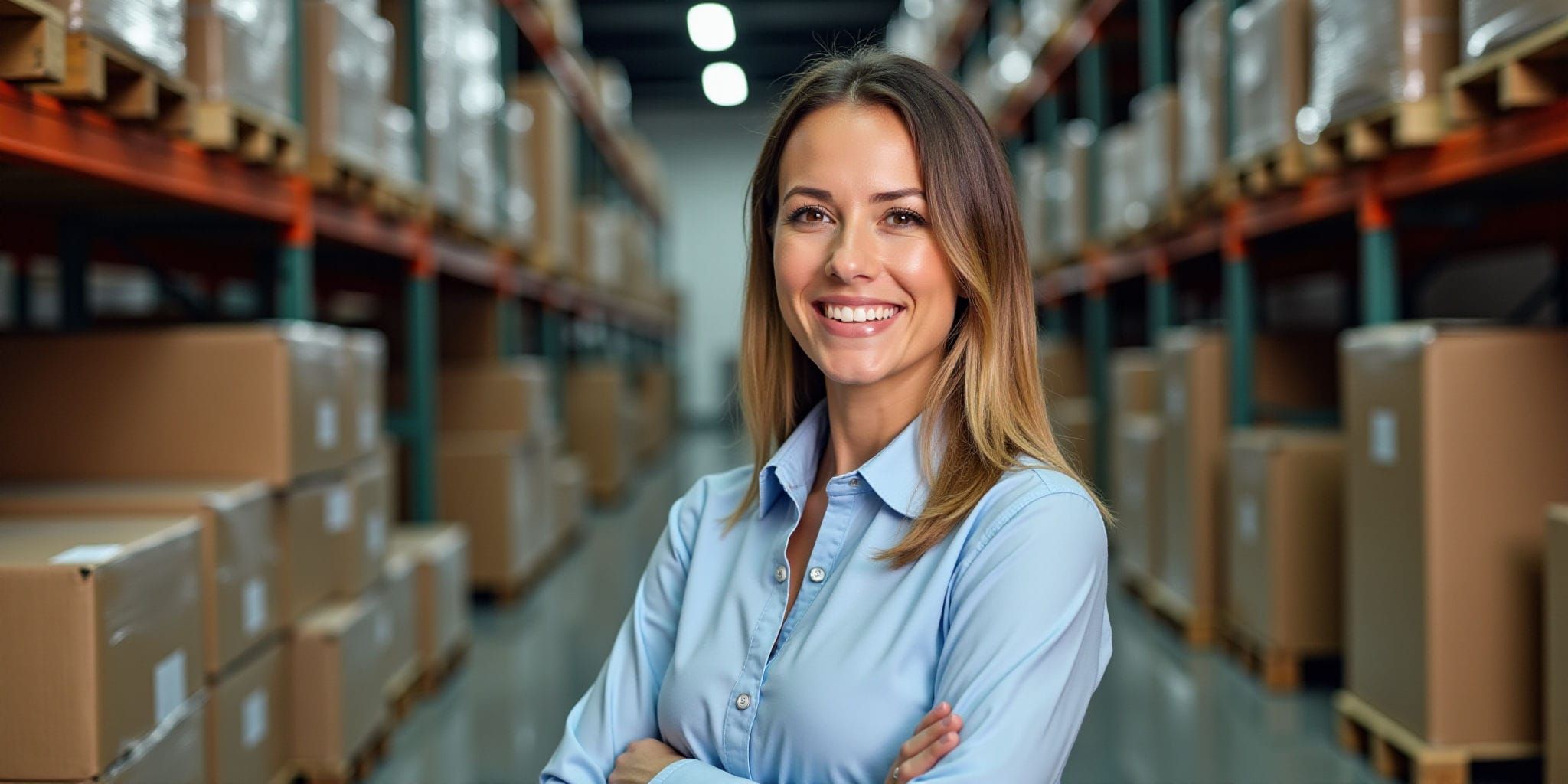 The image presents a composite of two photographs, showcasing a woman standing in front of stacks of cardboard boxes within a warehouse setting. The left half features the woman's upper body, while the right side displays her from head to toe. She has long brown hair and is dressed in a light blue collared shirt with silver buttons.

In the background, rows of stacked cardboard boxes are visible, secured by green metal beams that run horizontally along the wall. Above these shelves, additional stacks of boxes sit on top of wooden pallets, supported by green metal beams running vertically. The walls behind her appear to be white or light gray in color. Overall, the image suggests a warehouse inventory management setting, possibly for a company's storage facility.