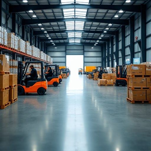 The image depicts a warehouse, featuring several forklifts and stacks of cardboard boxes. The warehouse has a high ceiling with skylights, providing natural light. In the foreground, there are two orange forklifts parked next to each other, facing away from the camera. One of them appears to be lifting a box or pallet.

To the left of the image, there is a row of stacked cardboard boxes on shelves or pallets. On the right side, there are more stacks of boxes, as well as what looks like an orange forklift in the background. The floor is made of polished concrete and reflects the light from the skylights.

Overall, the image suggests that this is a busy warehouse where goods are being stored, handled, and transported using forklifts.