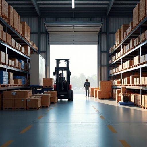 This image shows a warehouse with cardboard boxes stacked on shelves, and a forklift in the center of the room.  There appears to be one person standing near the entrance to the warehouse. The floor is light blue and has yellow lines painted on it. The walls and ceiling are made of metal. The atmosphere suggests that this is a busy workspace where goods are being stored and transported.
