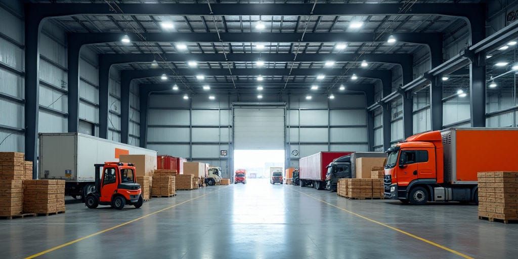 This image shows a warehouse with several trucks, pallets of boxes and forklifts. The top photo shows the interior of the warehouse, while the bottom photo shows a partial exterior view.