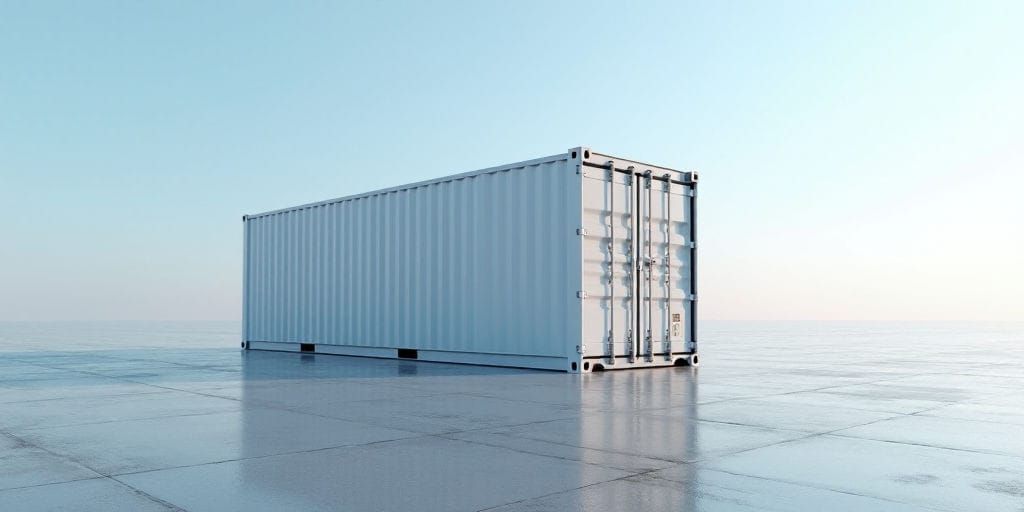 This image shows a shipping container sitting on a flat surface.  The container appears to be white metal, and the surface it sits on looks like tile or concrete.  It's not possible to tell what's inside based off of an external photo.  The sky behind seems blue but is hazy with no clouds visible.