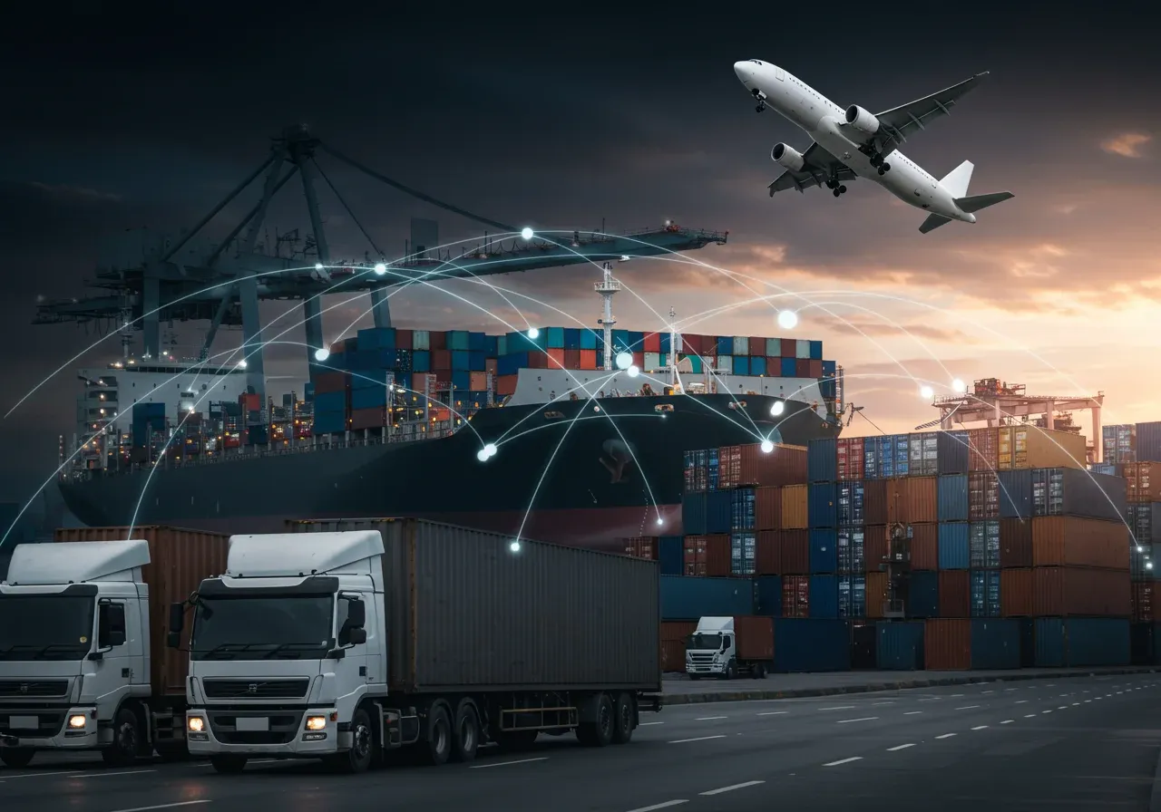 Freight trucks and cargo ships in a global carrier network