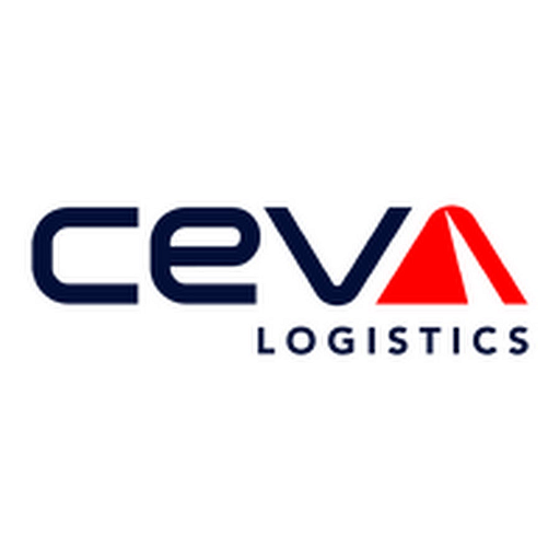 A red logo featuring a stylized arrow encompassed by a blue circle represents Ceva Logistics