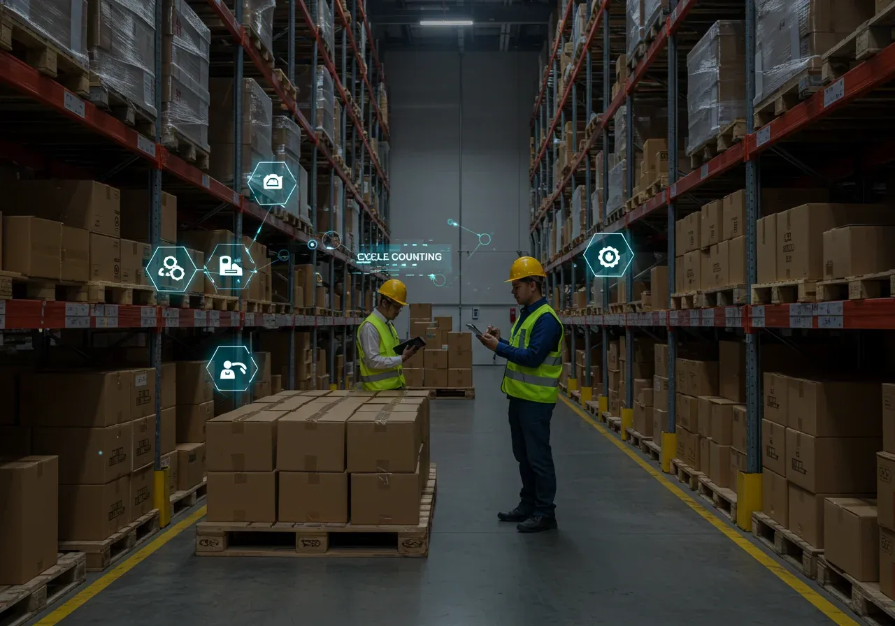 Workers conducting cycle counting in a warehouse with inventory scanners