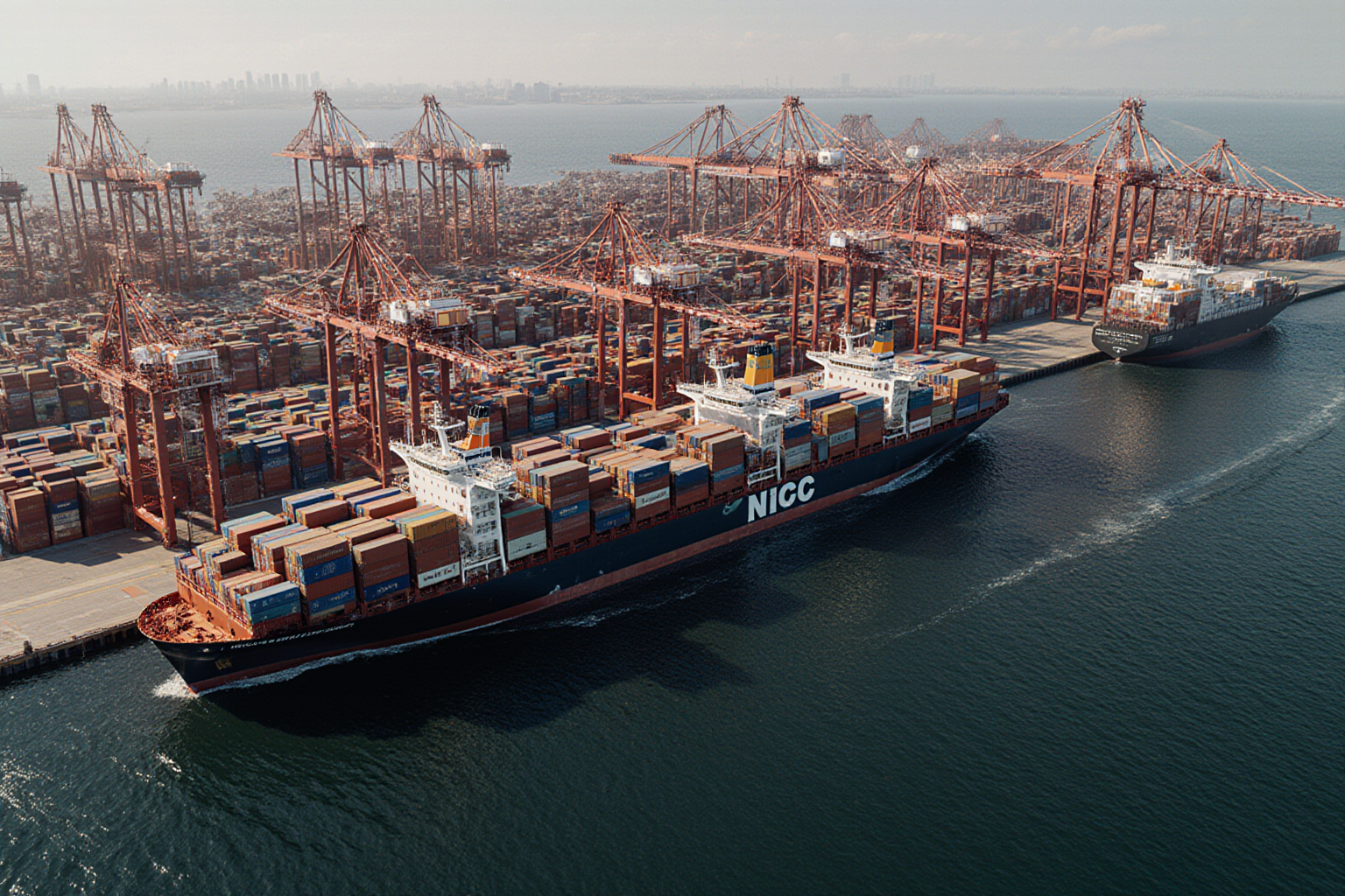 A large container ship navigates a busy harbor with towering cranes and a dark ocean background