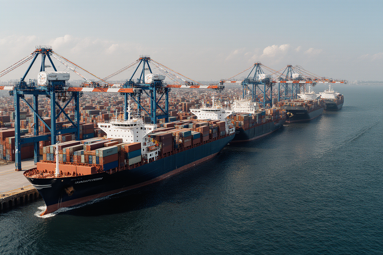 A large container ship navigates the ocean with a prominent superstructure and visible cargo containers under a clear sky