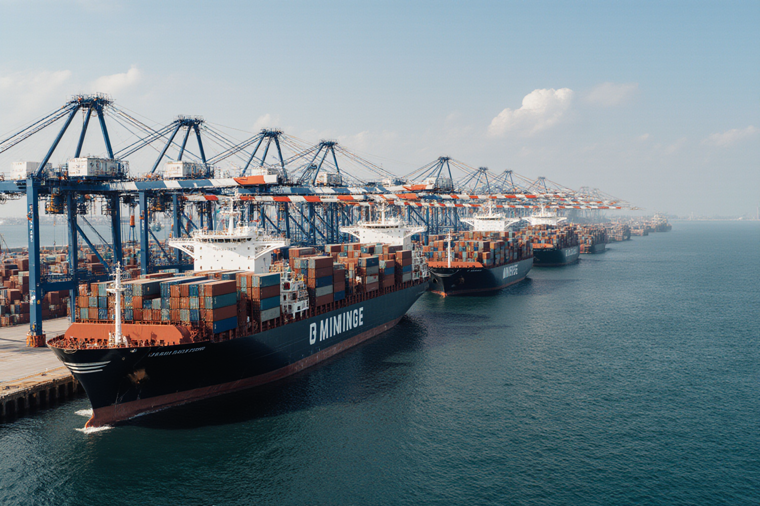 A large container ship navigates a harbor filled with towering cranes suggesting cargo transport and shipping operations