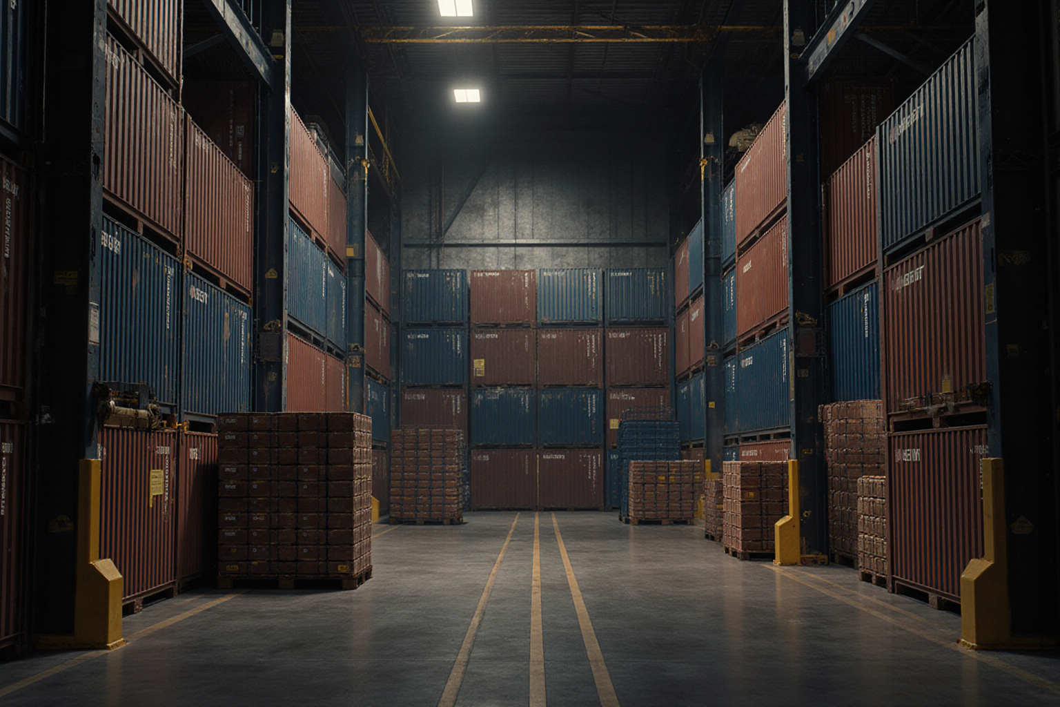 Stacked orange and blue shipping containers fill a long warehouse aisle creating a stark industrial scene